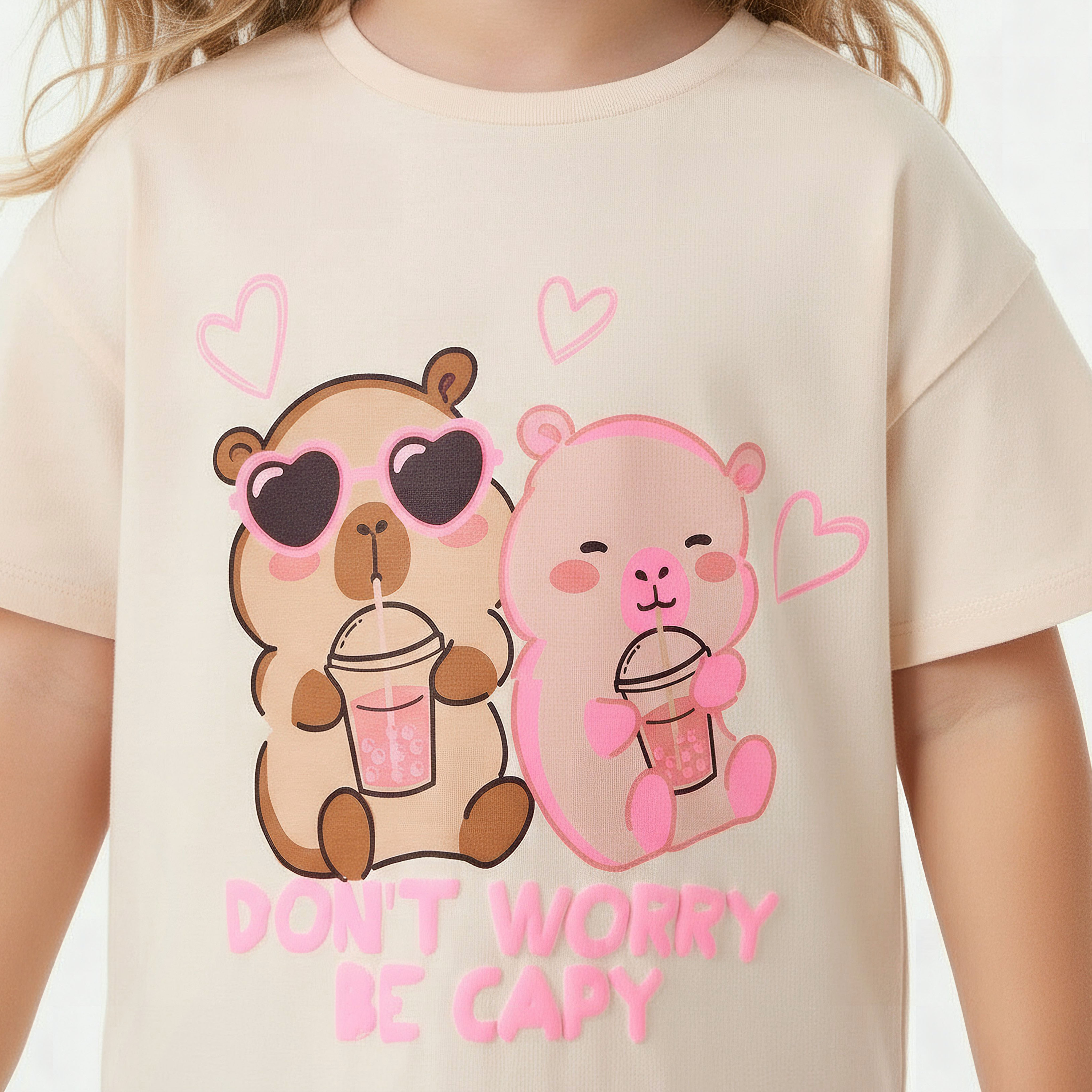 Juniors Round Neck Short Sleeves T-shirt with Bear Print-girls-clothing-tshirts-image-5