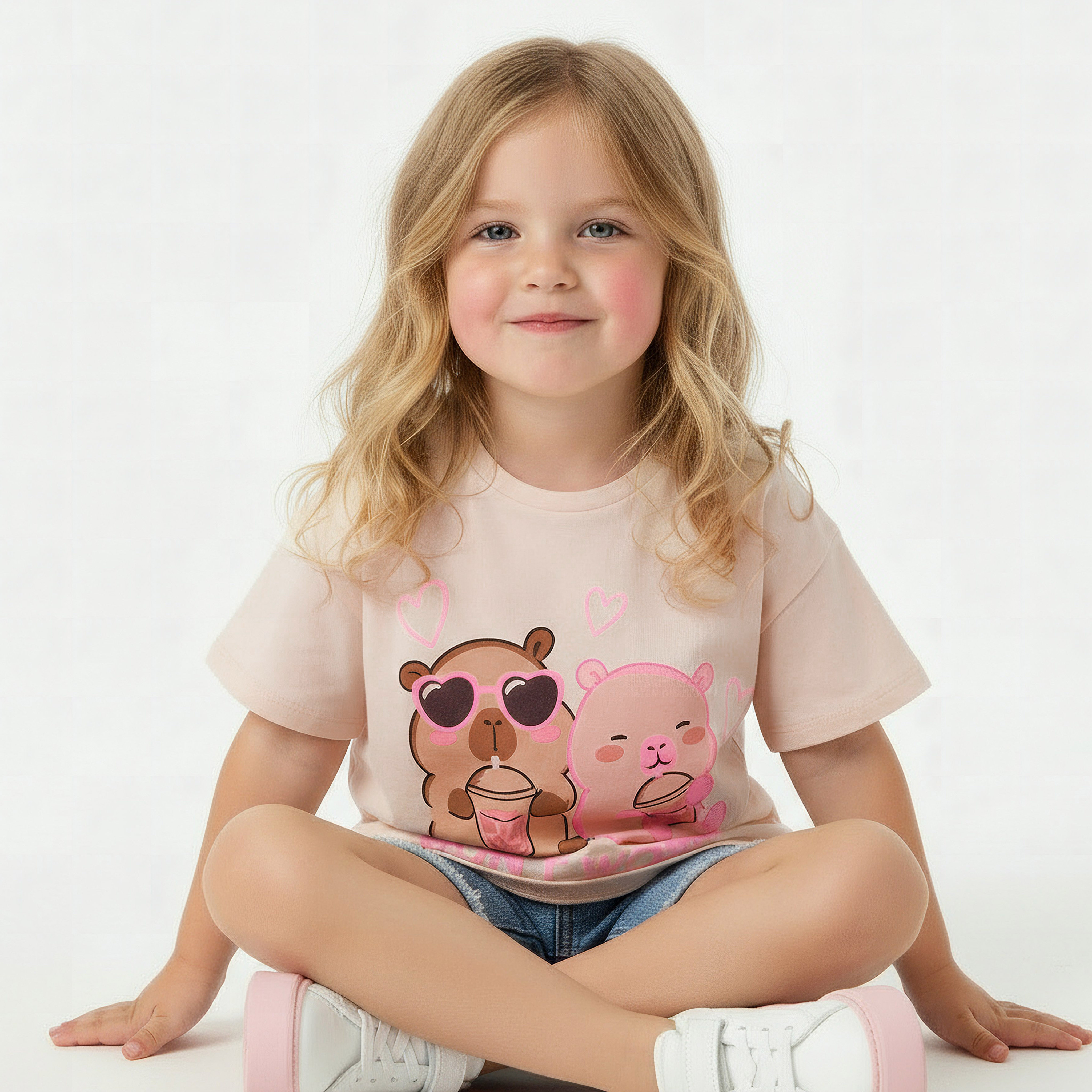 Juniors Round Neck Short Sleeves T-shirt with Bear Print-girls-clothing-tshirts-image-6