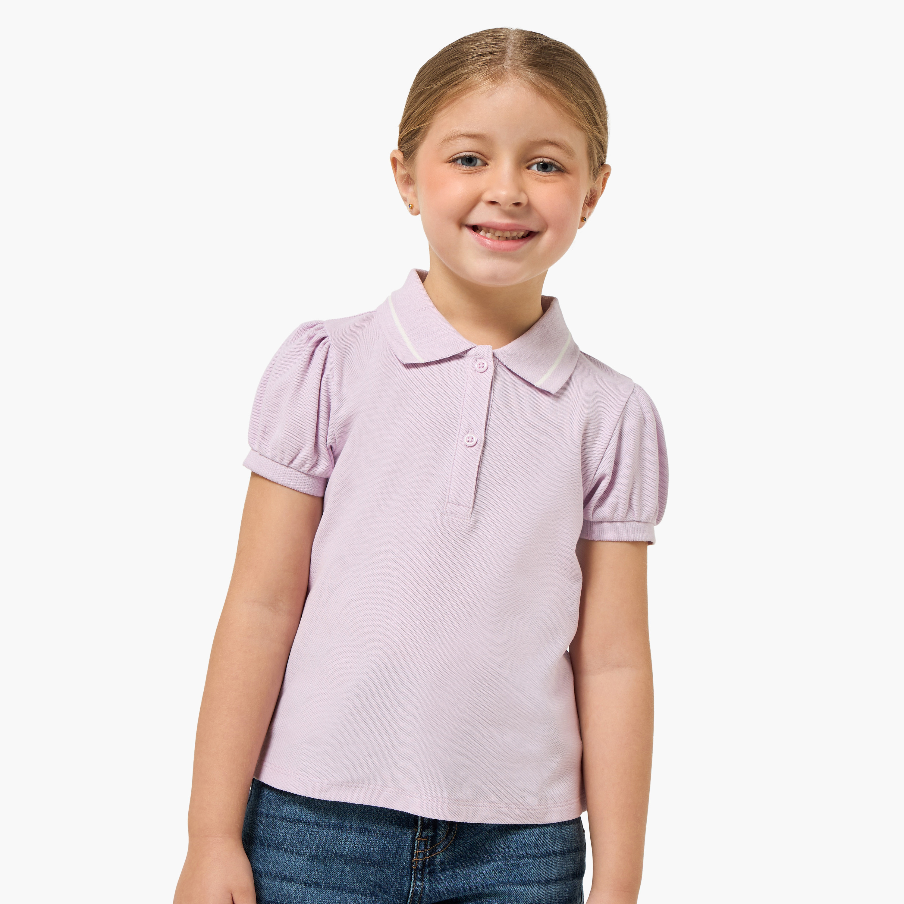 Juniors Collared Short Sleeves Polo T-shirt with Button Placket-girls-clothing-tshirts-image-1