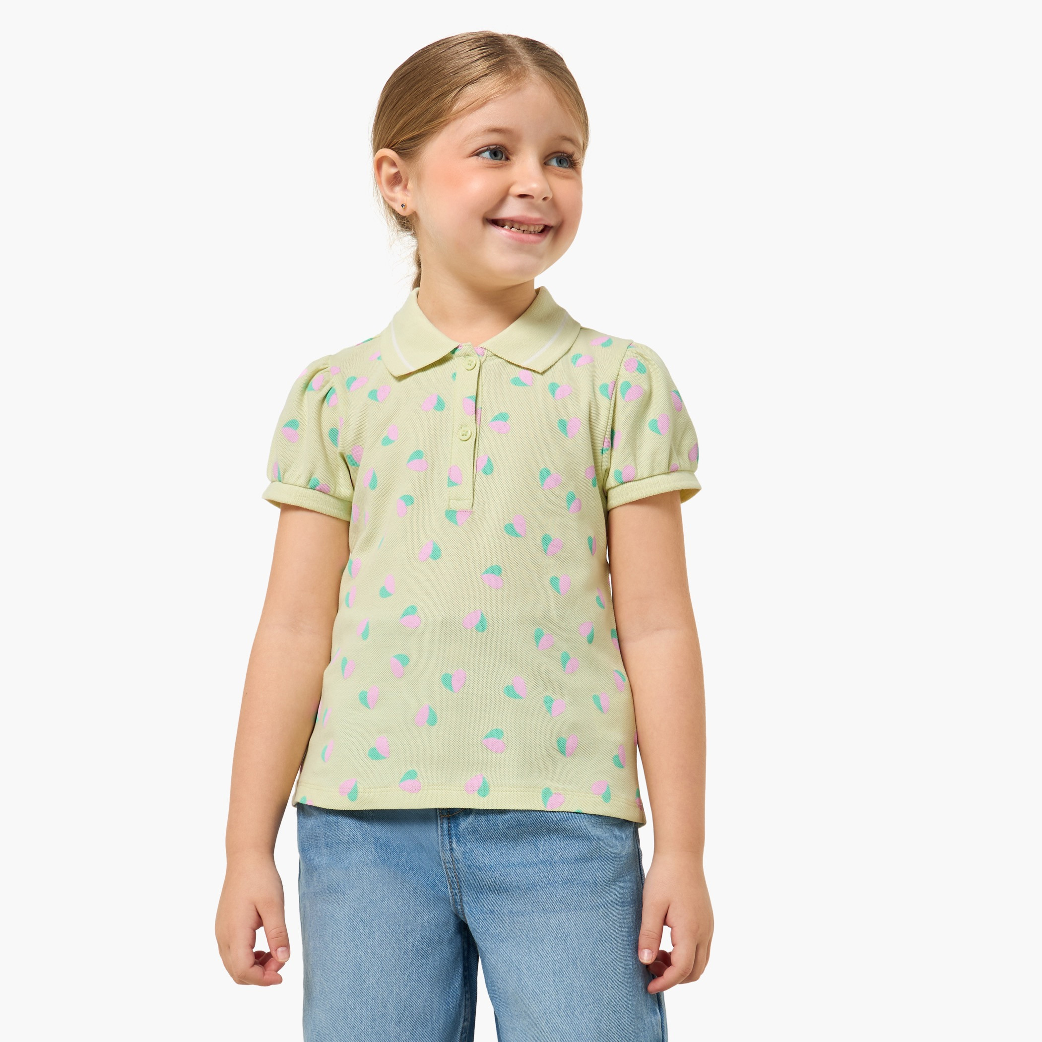 Juniors Collared Short Sleeves Polo T-shirt with Heart Print-girls-clothing-tshirts-image-1