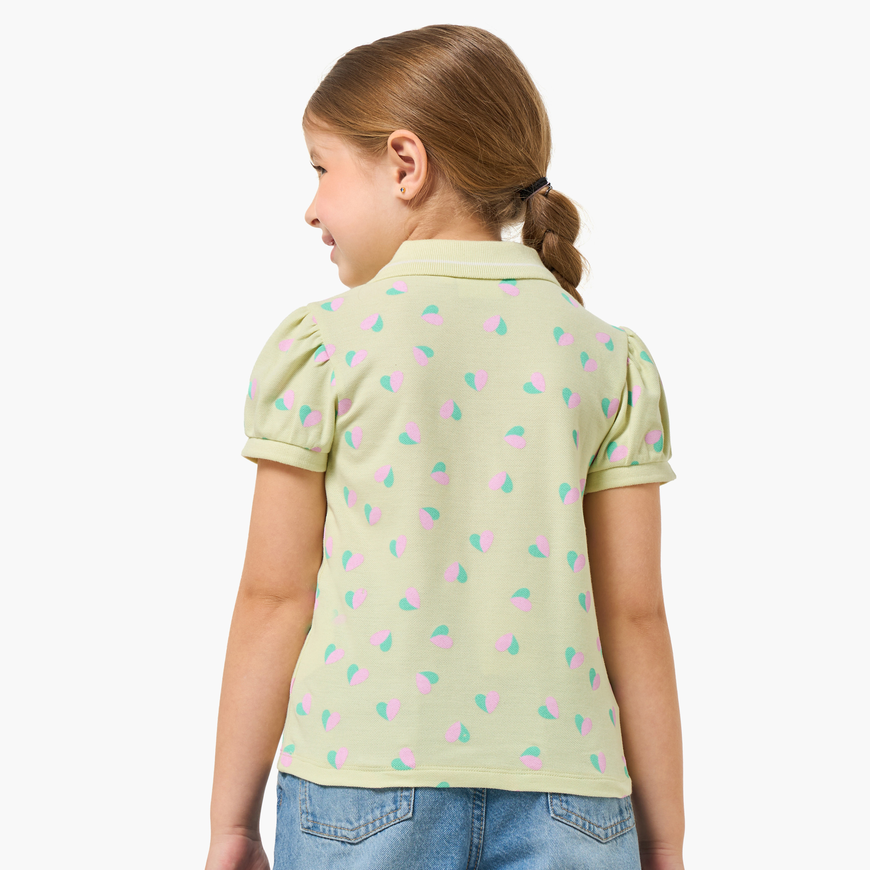 Juniors Collared Short Sleeves Polo T-shirt with Heart Print-girls-clothing-tshirts-image-2