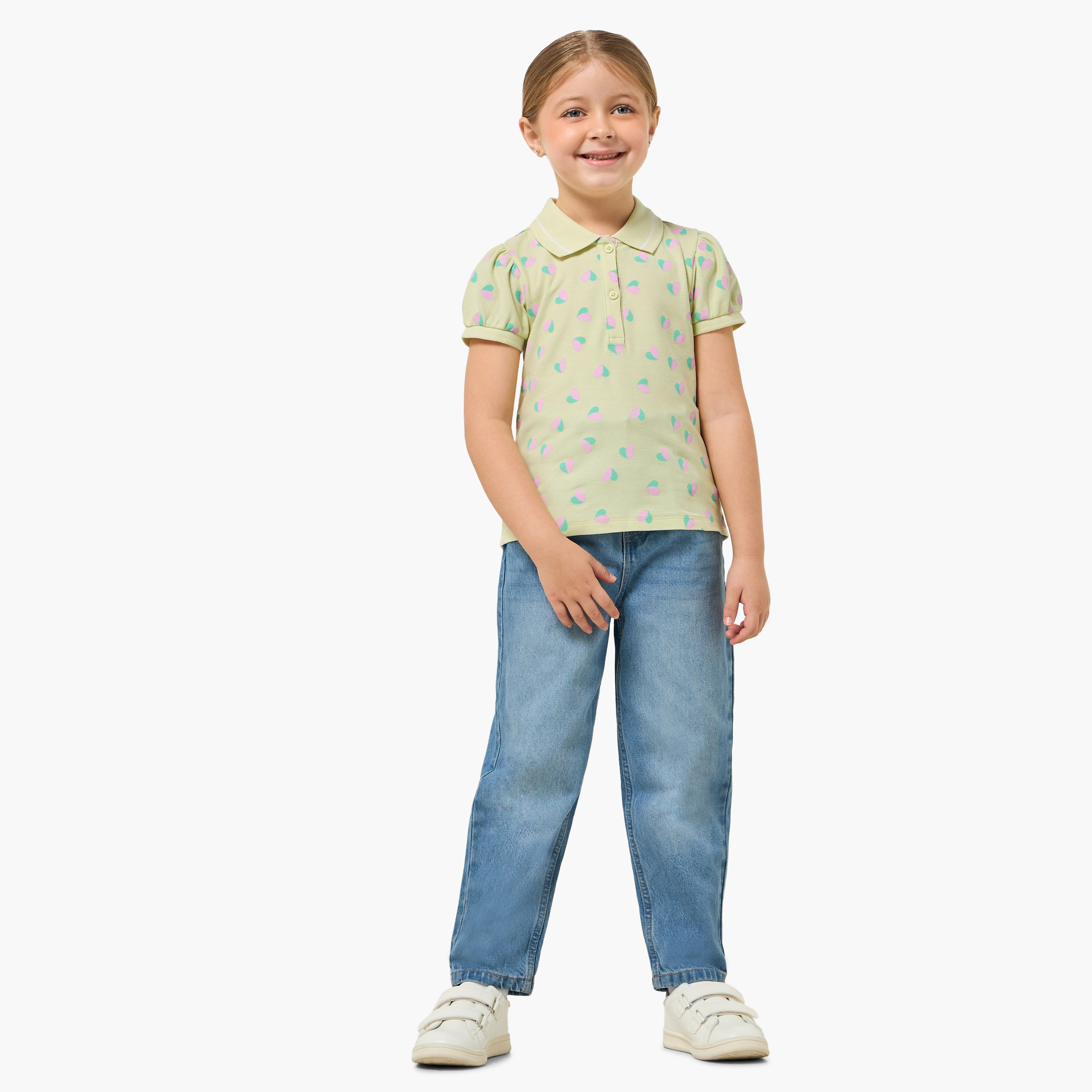 Juniors Collared Short Sleeves Polo T-shirt with Heart Print-girls-clothing-tshirts-image-3