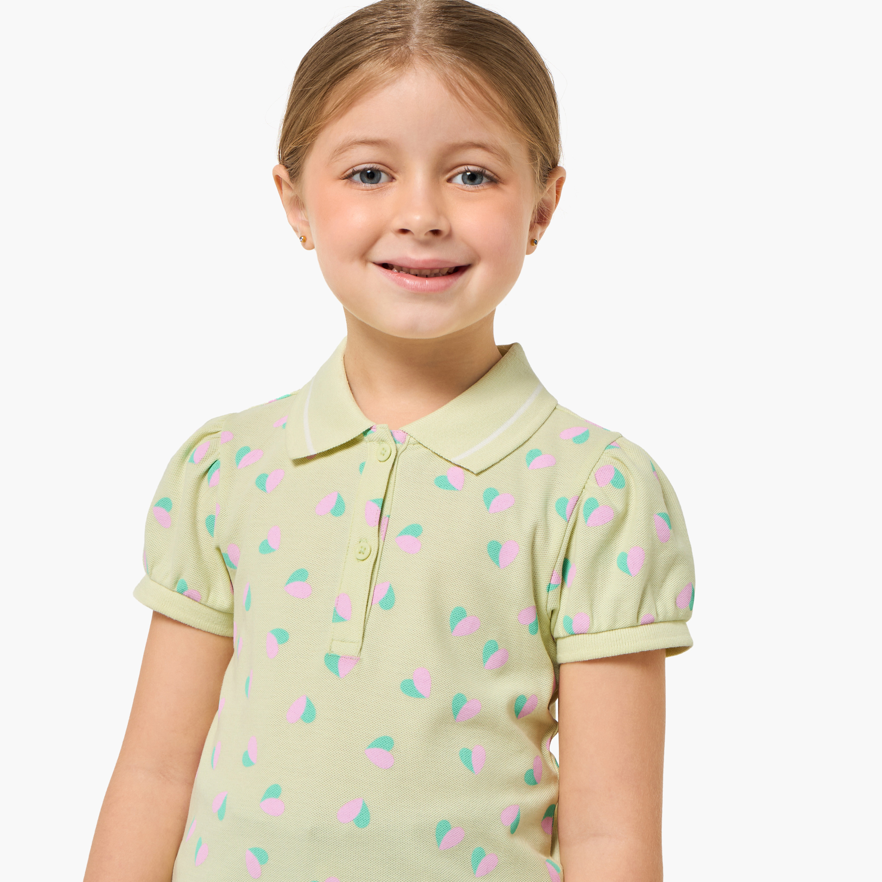 Juniors Collared Short Sleeves Polo T-shirt with Heart Print-girls-clothing-tshirts-image-4
