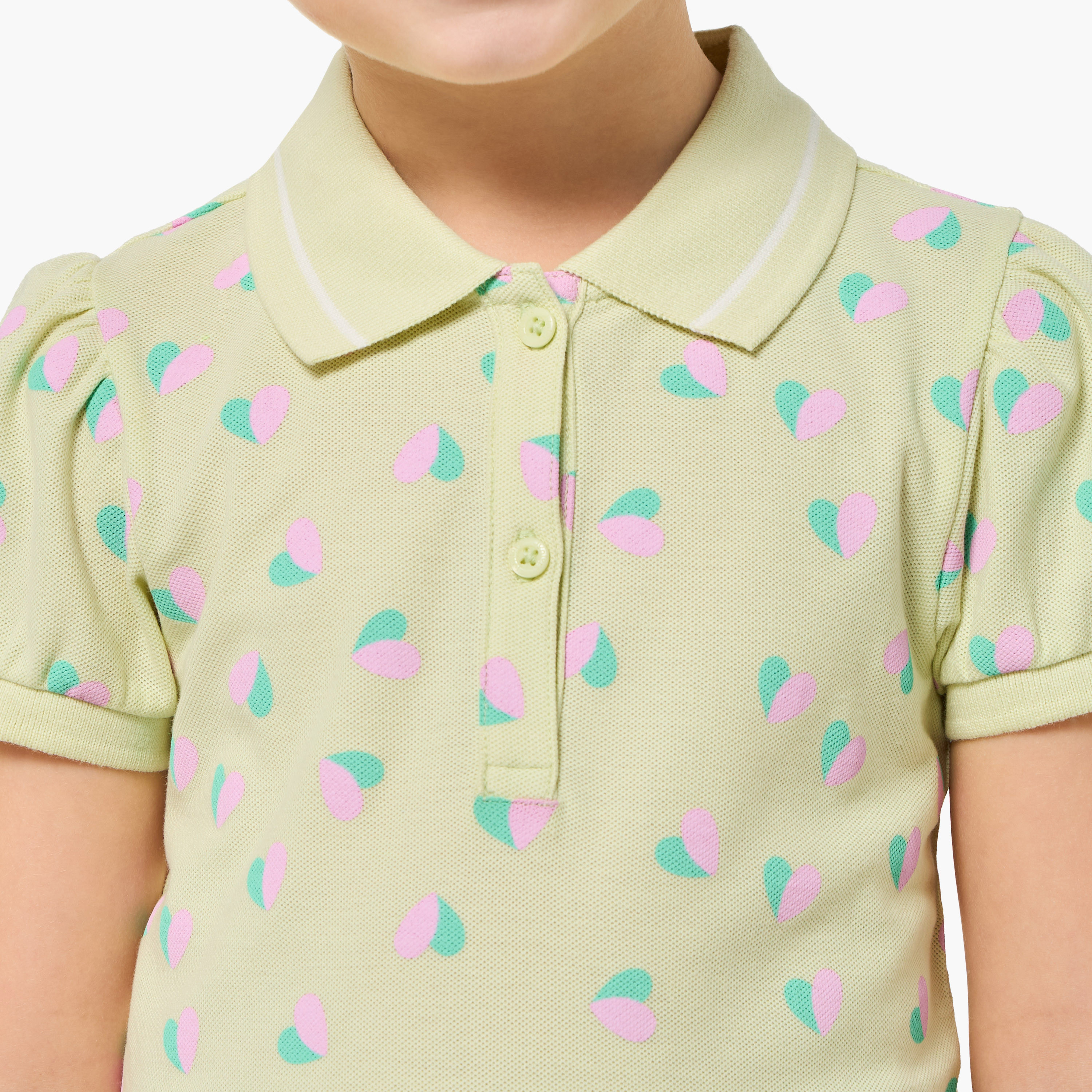 Juniors Collared Short Sleeves Polo T-shirt with Heart Print-girls-clothing-tshirts-image-5