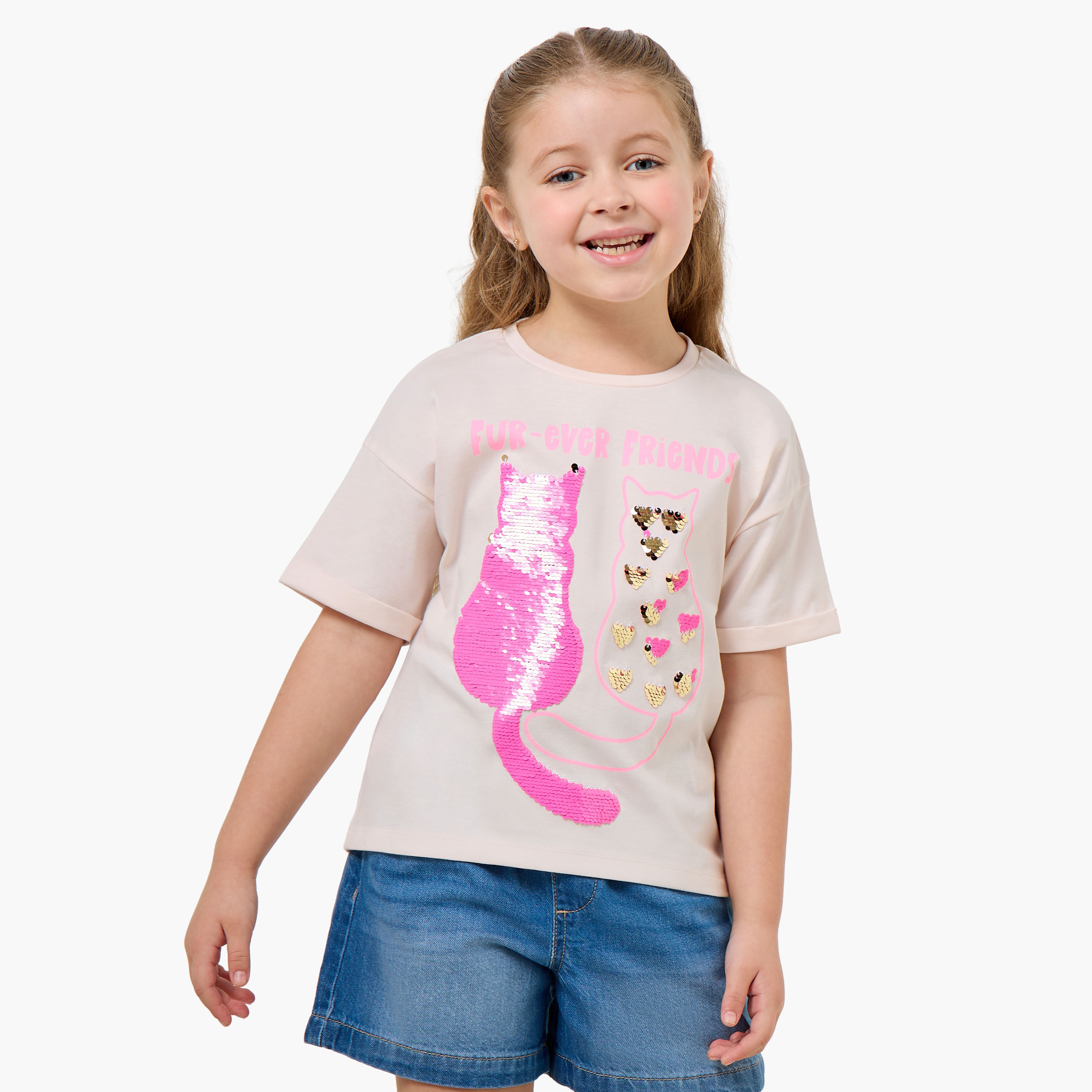Juniors Round Neck Short Sleeve T-shirt with Embellishment-girls-clothing-tshirts-image-1