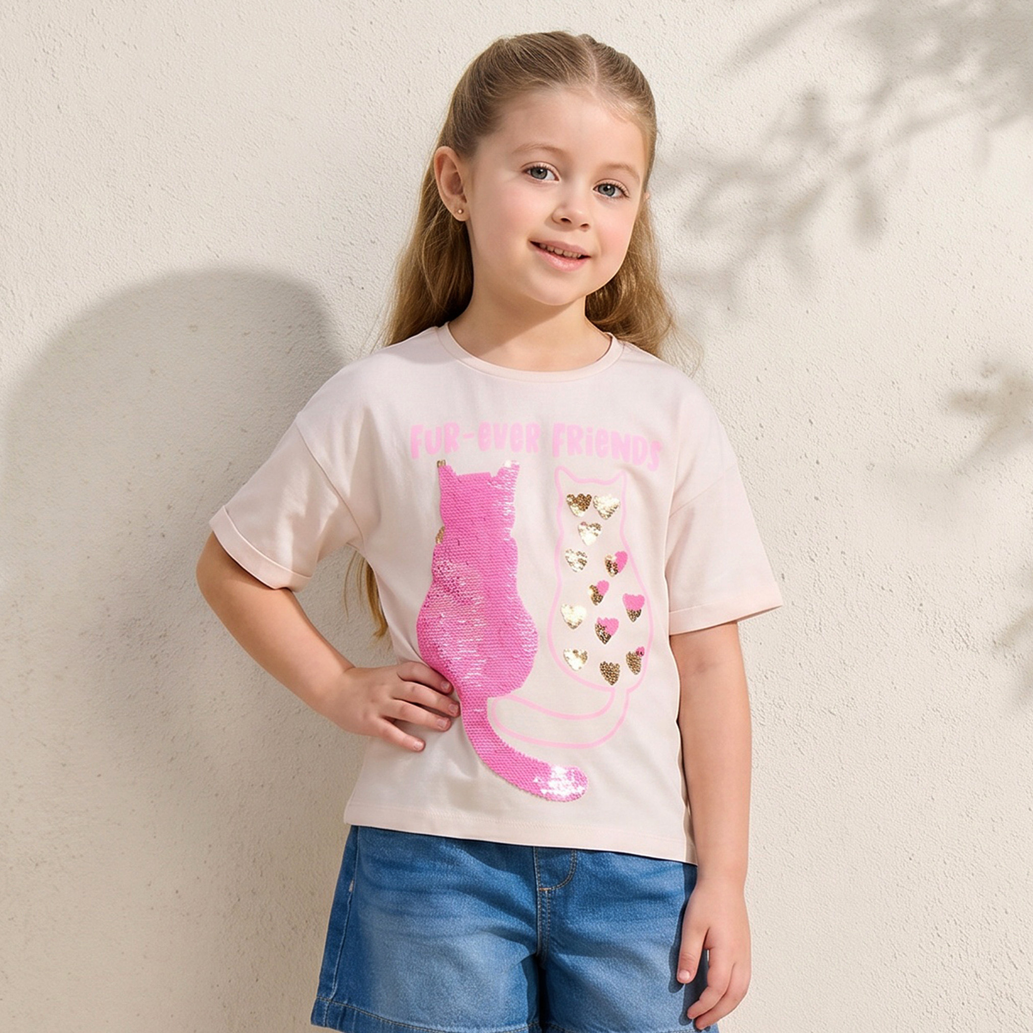 Juniors Round Neck Short Sleeve T-shirt with Embellishment-girls-clothing-tshirts-image-1