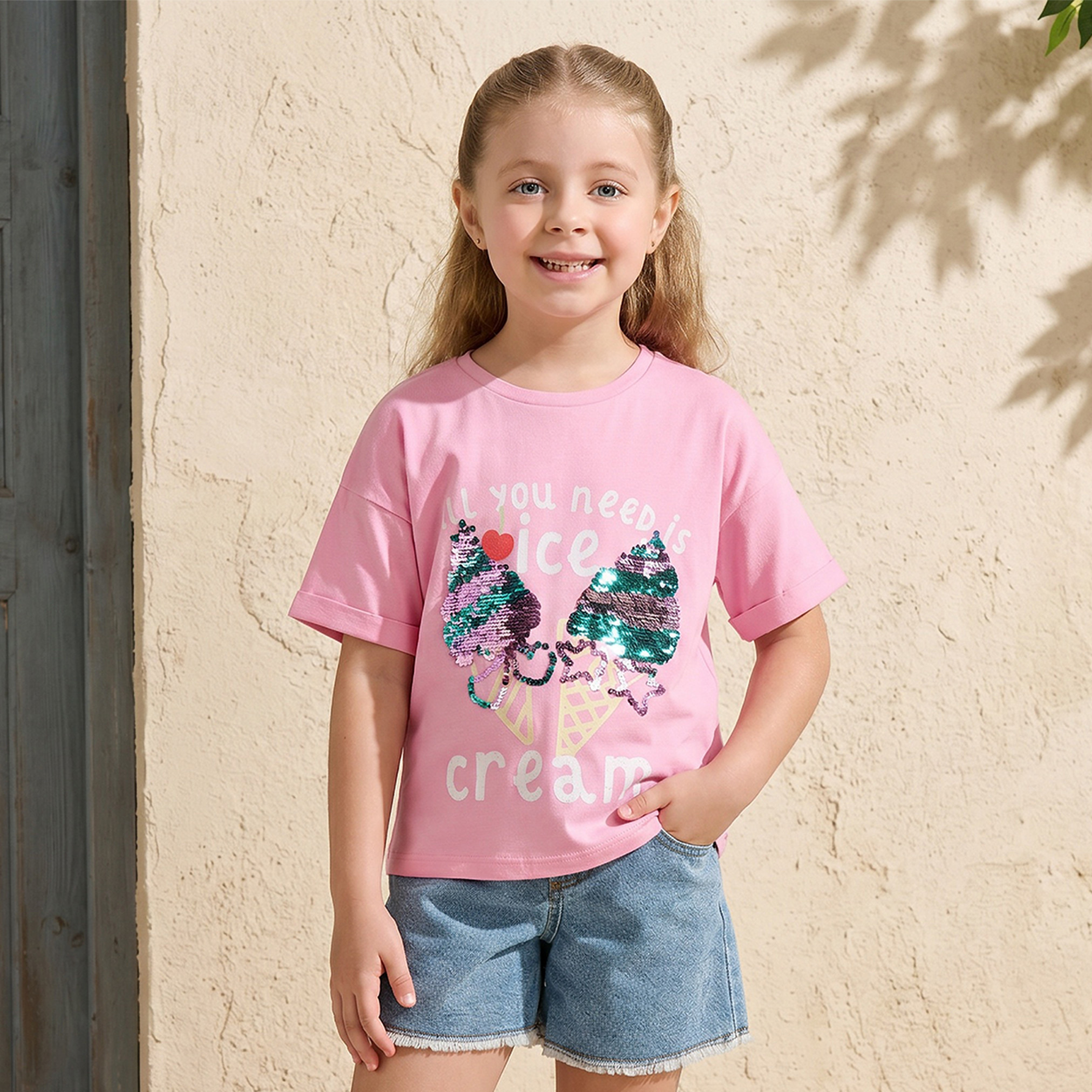 Juniors Round Neck Short Sleeve T-shirt with Embellishment-girls-clothing-tshirts-image-1