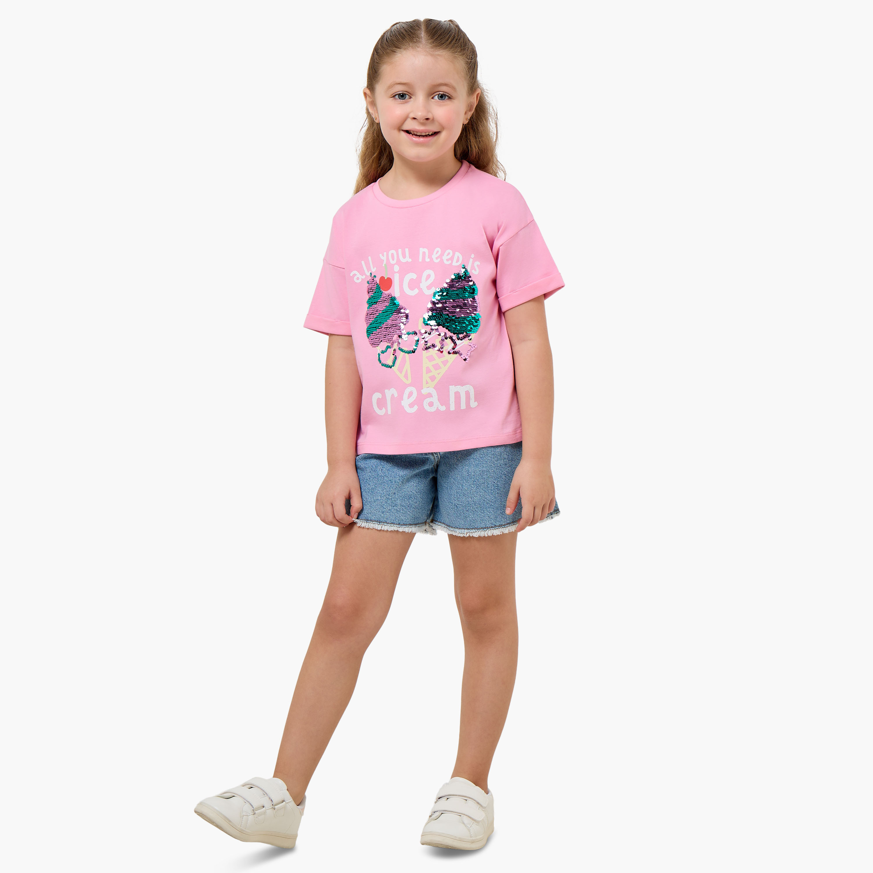 Juniors Round Neck Short Sleeve T-shirt with Embellishment-girls-clothing-tshirts-image-2