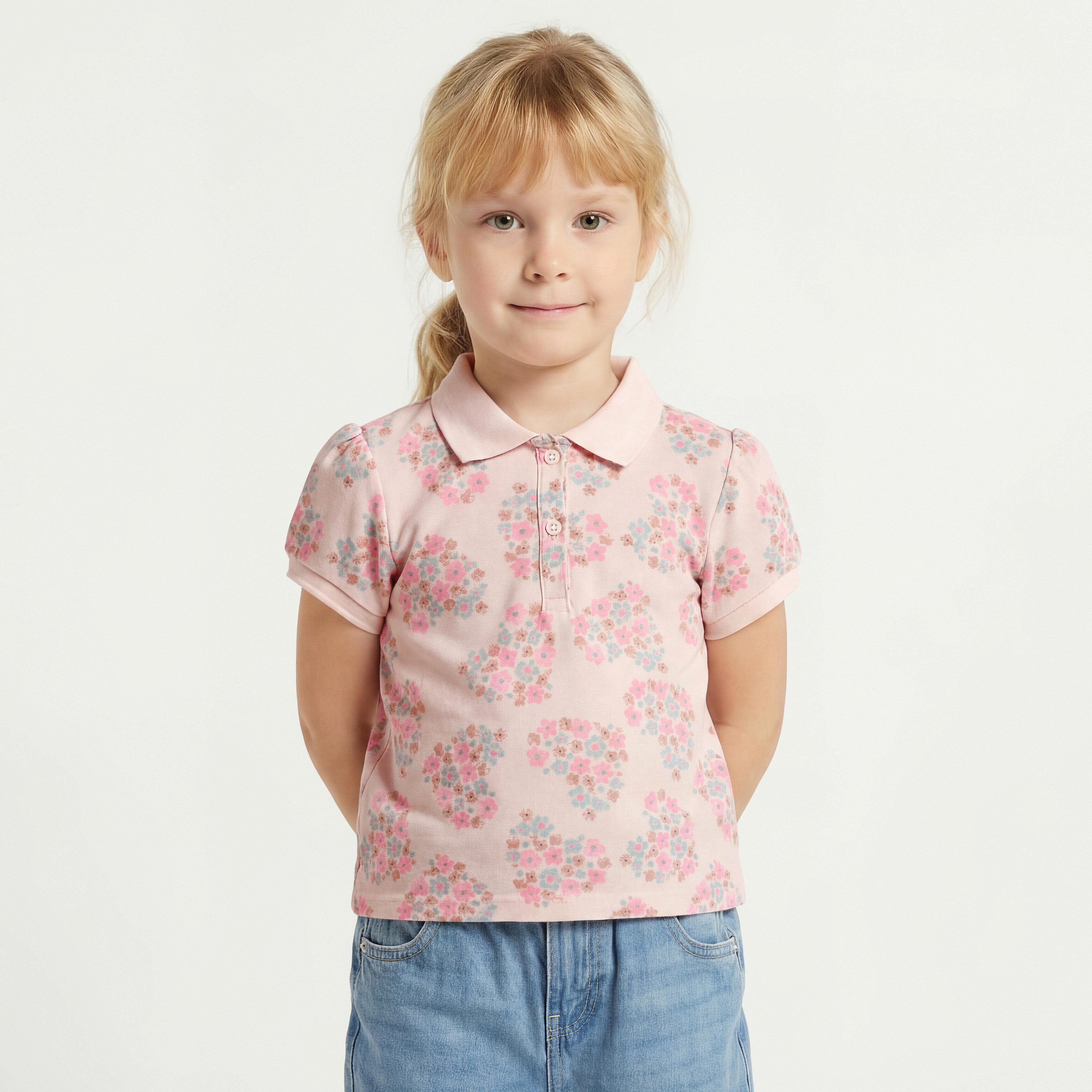Juniors Collared Short Sleeves Polo T-shirt with Floral Print-girls-clothing-tshirts-image-1