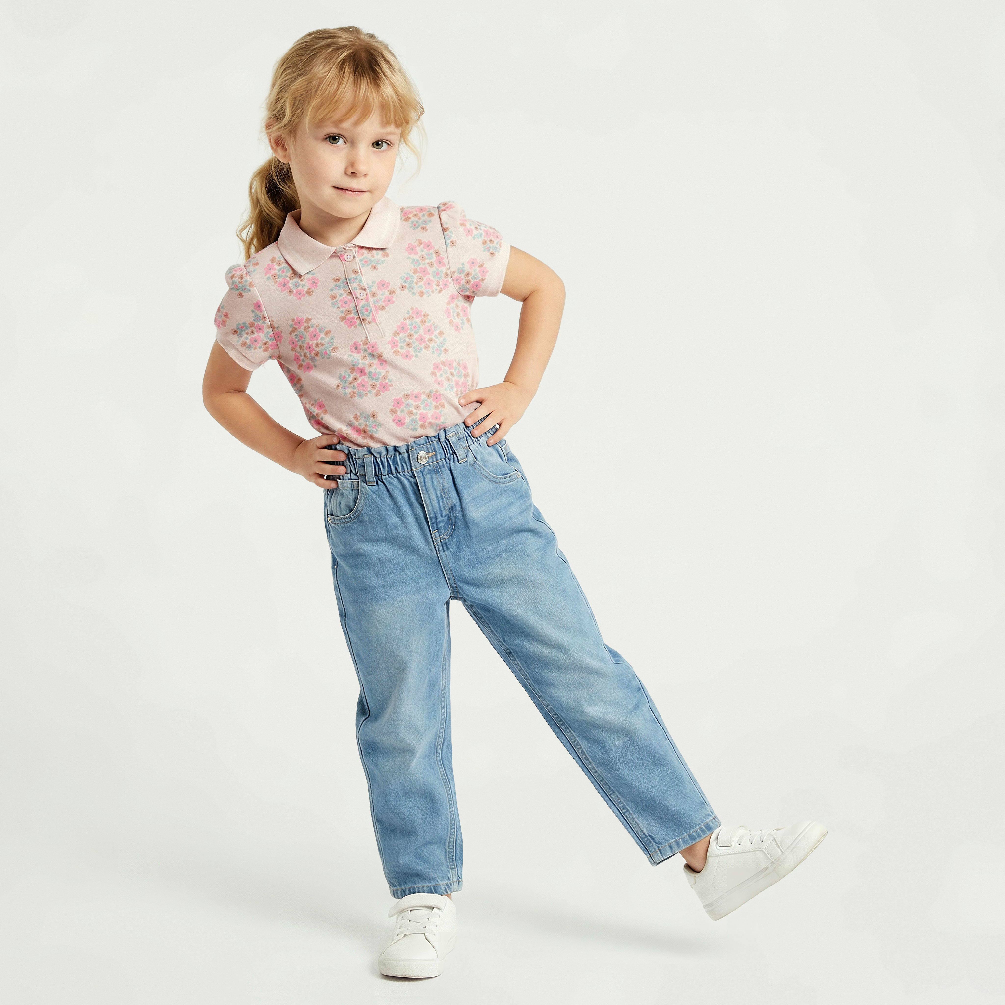 Juniors Collared Short Sleeves Polo T-shirt with Floral Print-girls-clothing-tshirts-image-2
