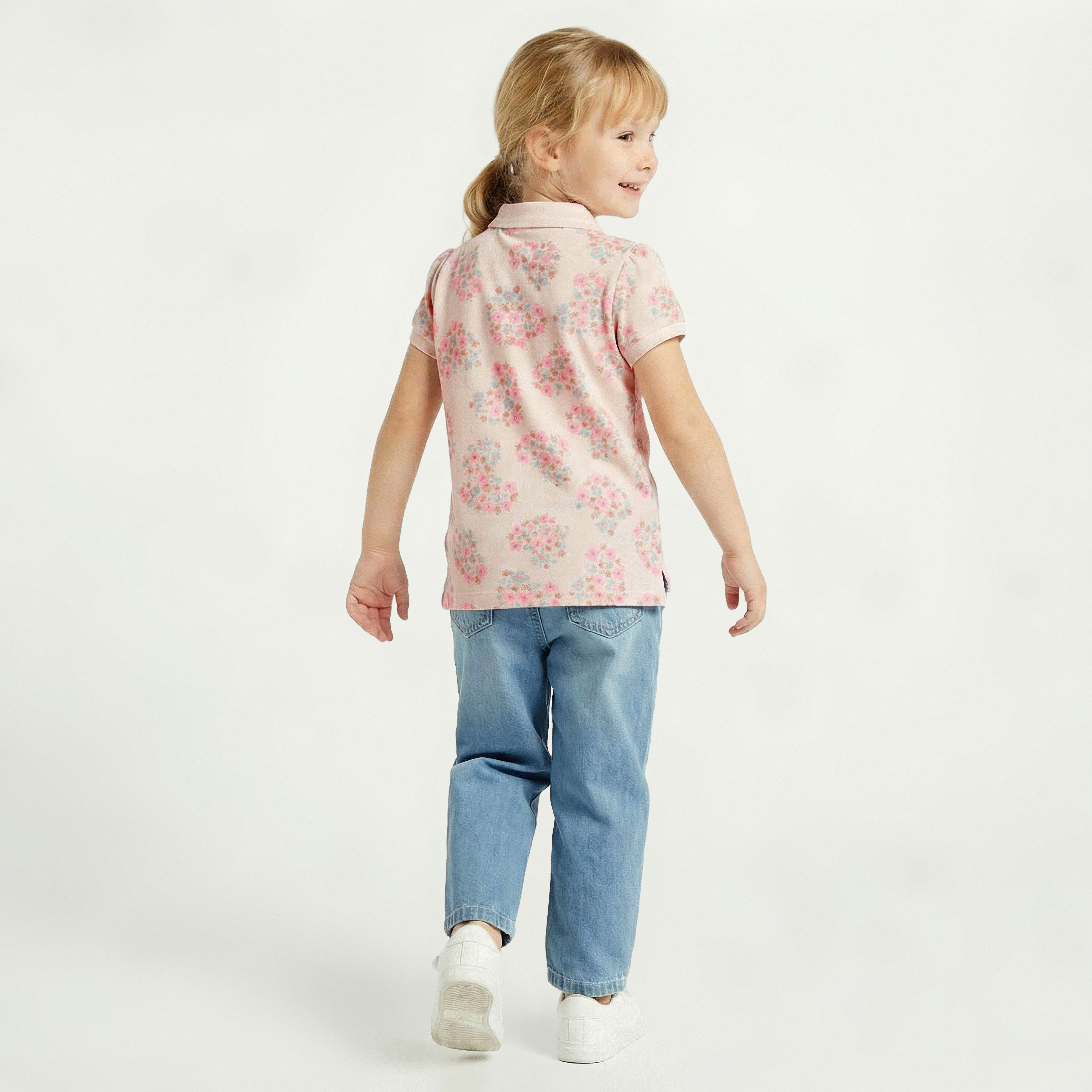Juniors Collared Short Sleeves Polo T-shirt with Floral Print-girls-clothing-tshirts-image-3