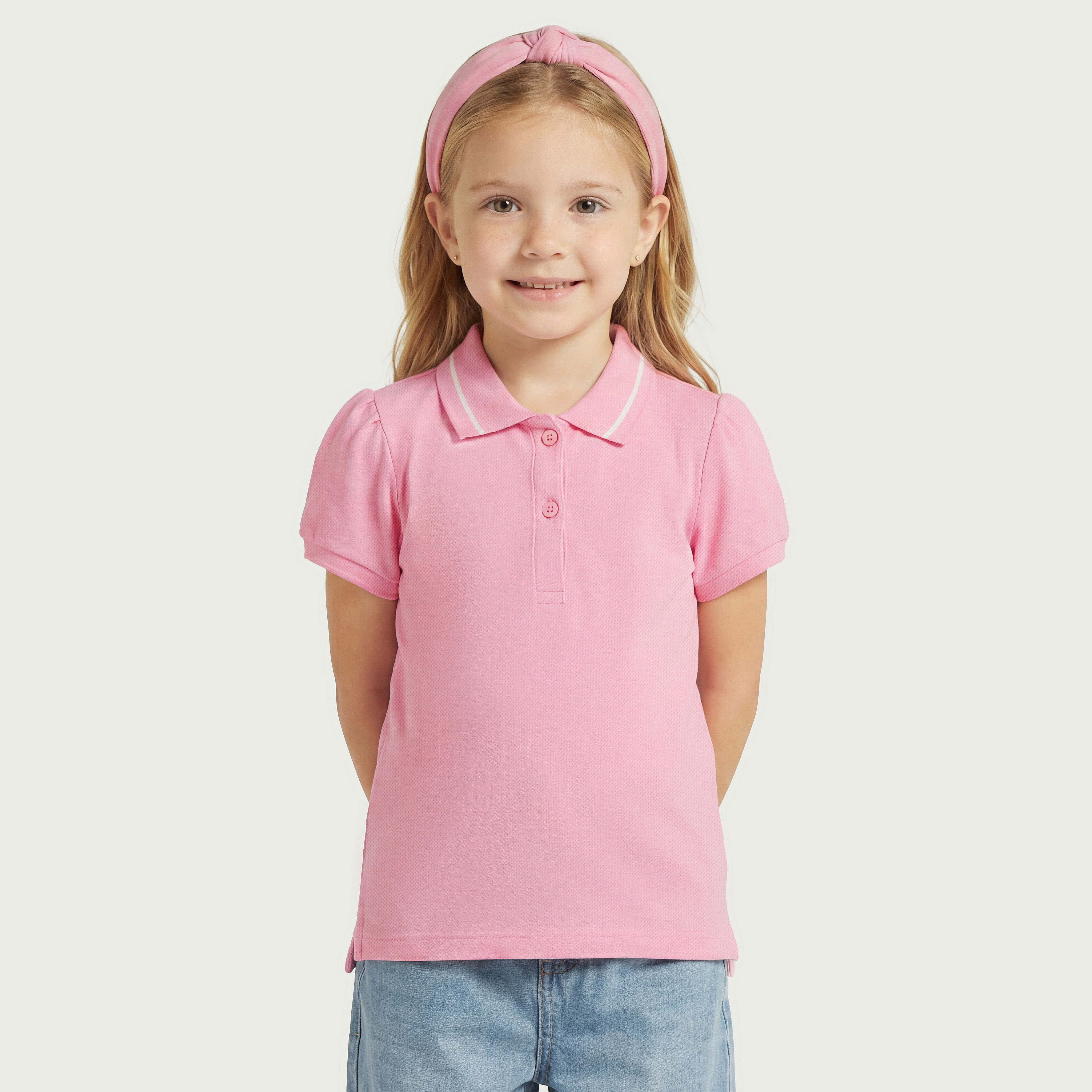 Juniors Collared Short Sleeves Polo T-shirt with Solid Design-girls-clothing-tshirts-image-1
