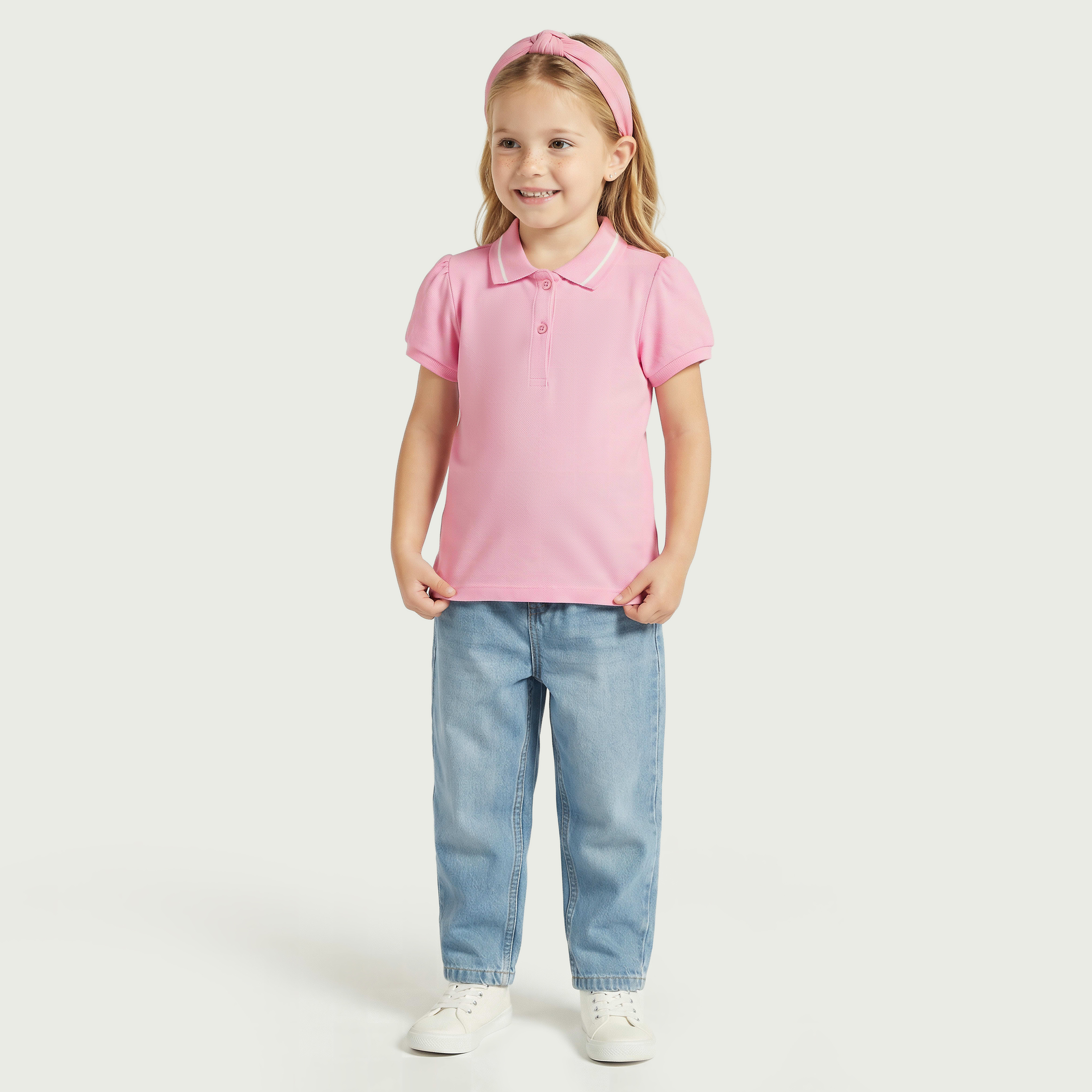 Juniors Collared Short Sleeves Polo T-shirt with Solid Design-girls-clothing-tshirts-image-2