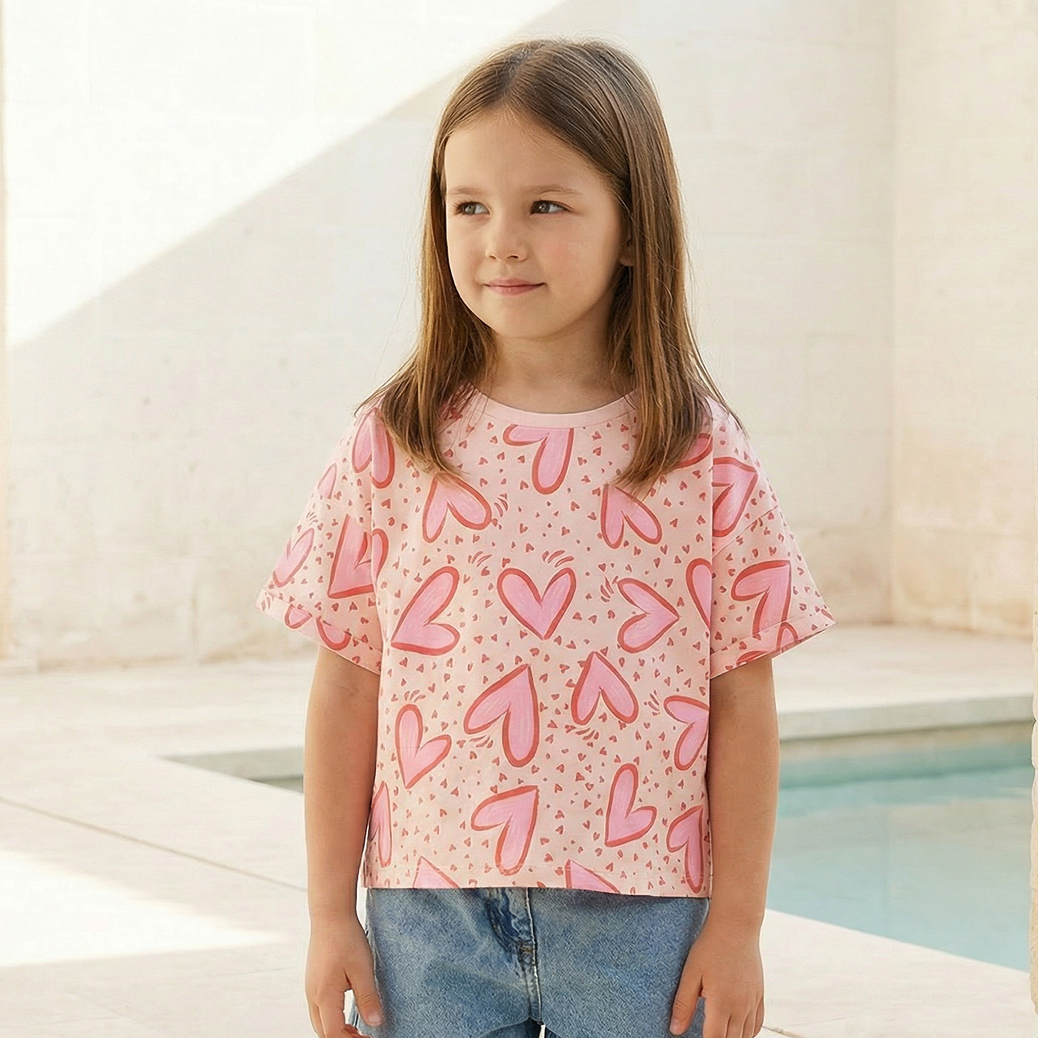 Juniors Round Neck Short Sleeves T-shirt with Heart Print-girls-clothing-tshirts-image-1