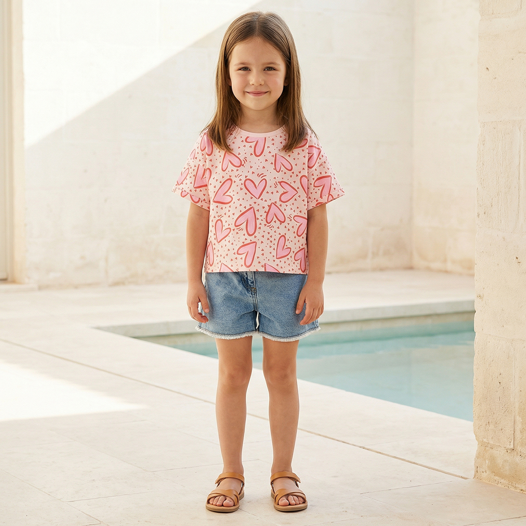 Juniors Round Neck Short Sleeves T-shirt with Heart Print-girls-clothing-tshirts-image-5