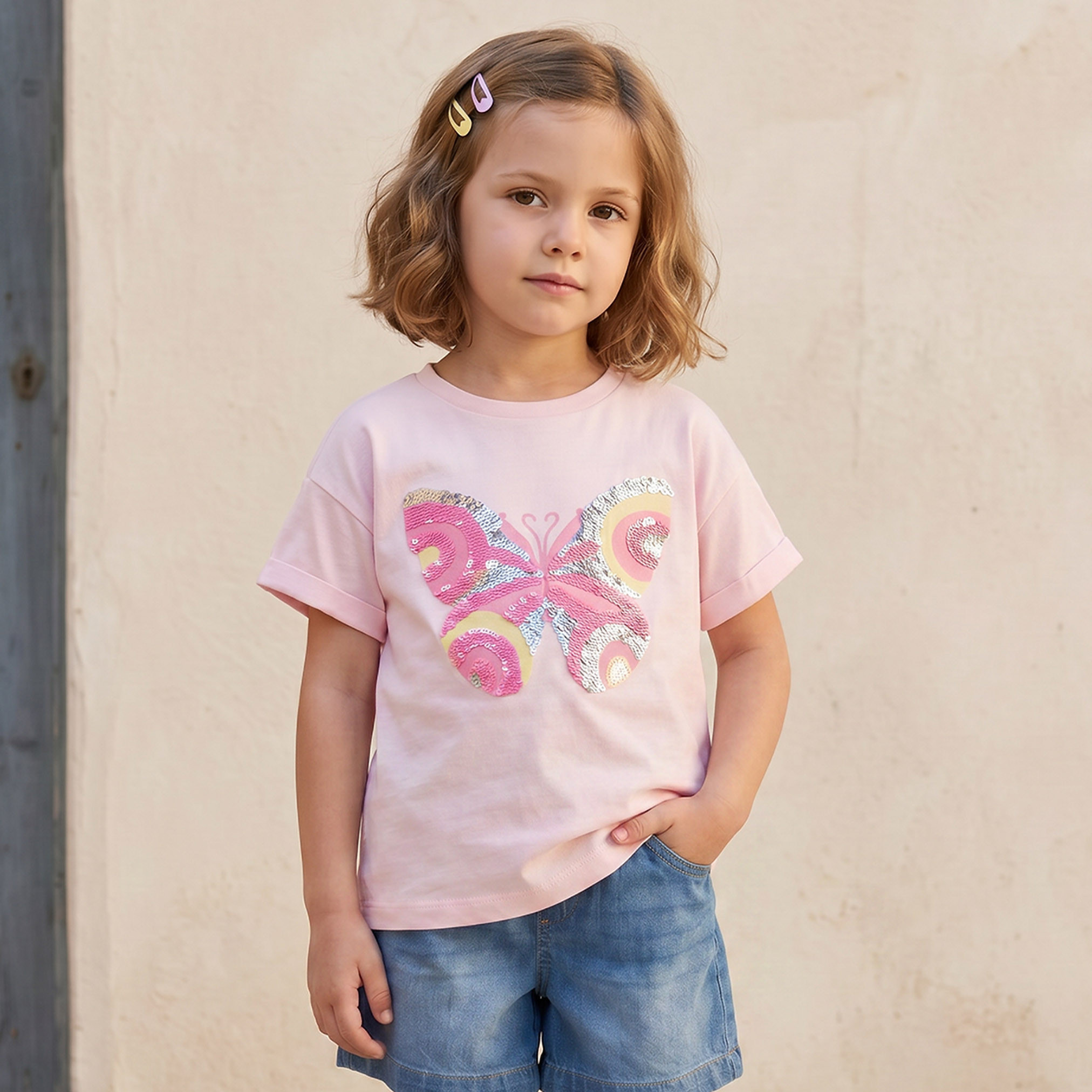 Juniors Crew Neck Short Sleeves T-shirt with Butterfly Embellishment-girls-clothing-tshirts-image-1
