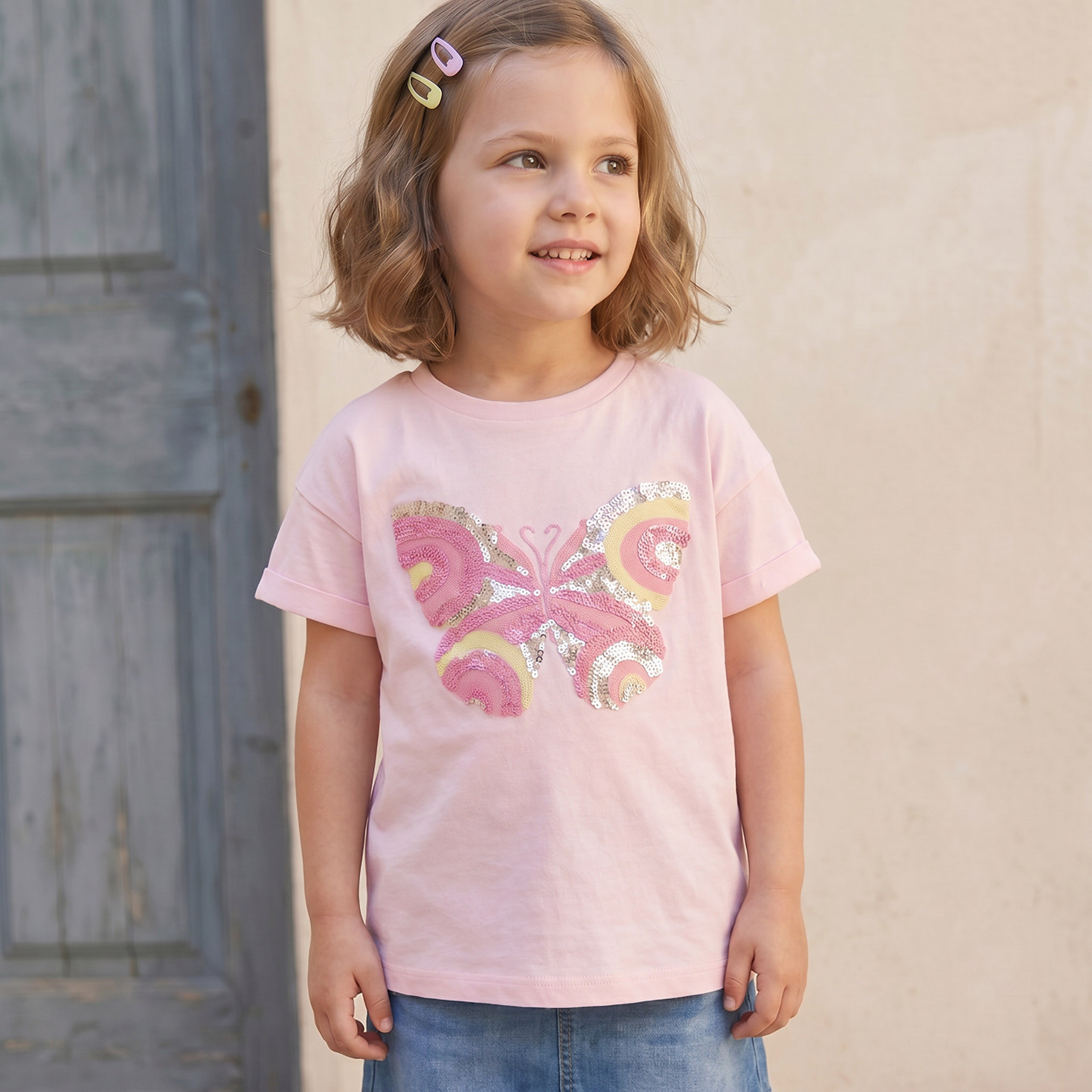 Juniors Crew Neck Short Sleeves T-shirt with Butterfly Embellishment-girls-clothing-tshirts-image-2