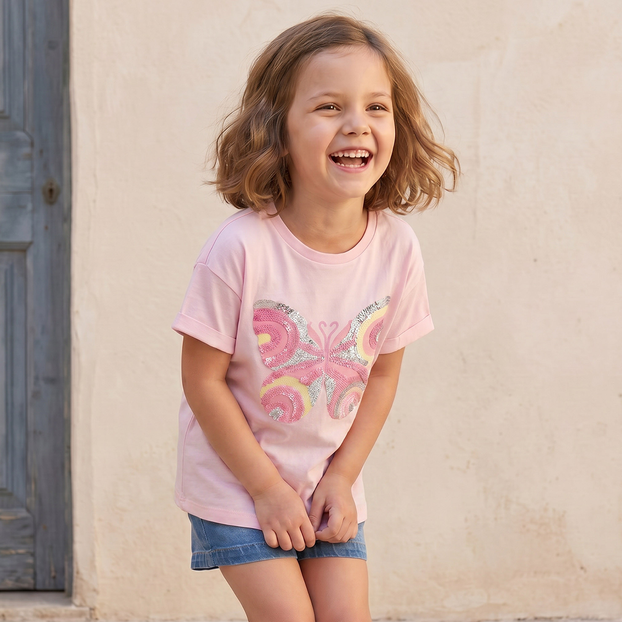 Juniors Crew Neck Short Sleeves T-shirt with Butterfly Embellishment-girls-clothing-tshirts-image-6
