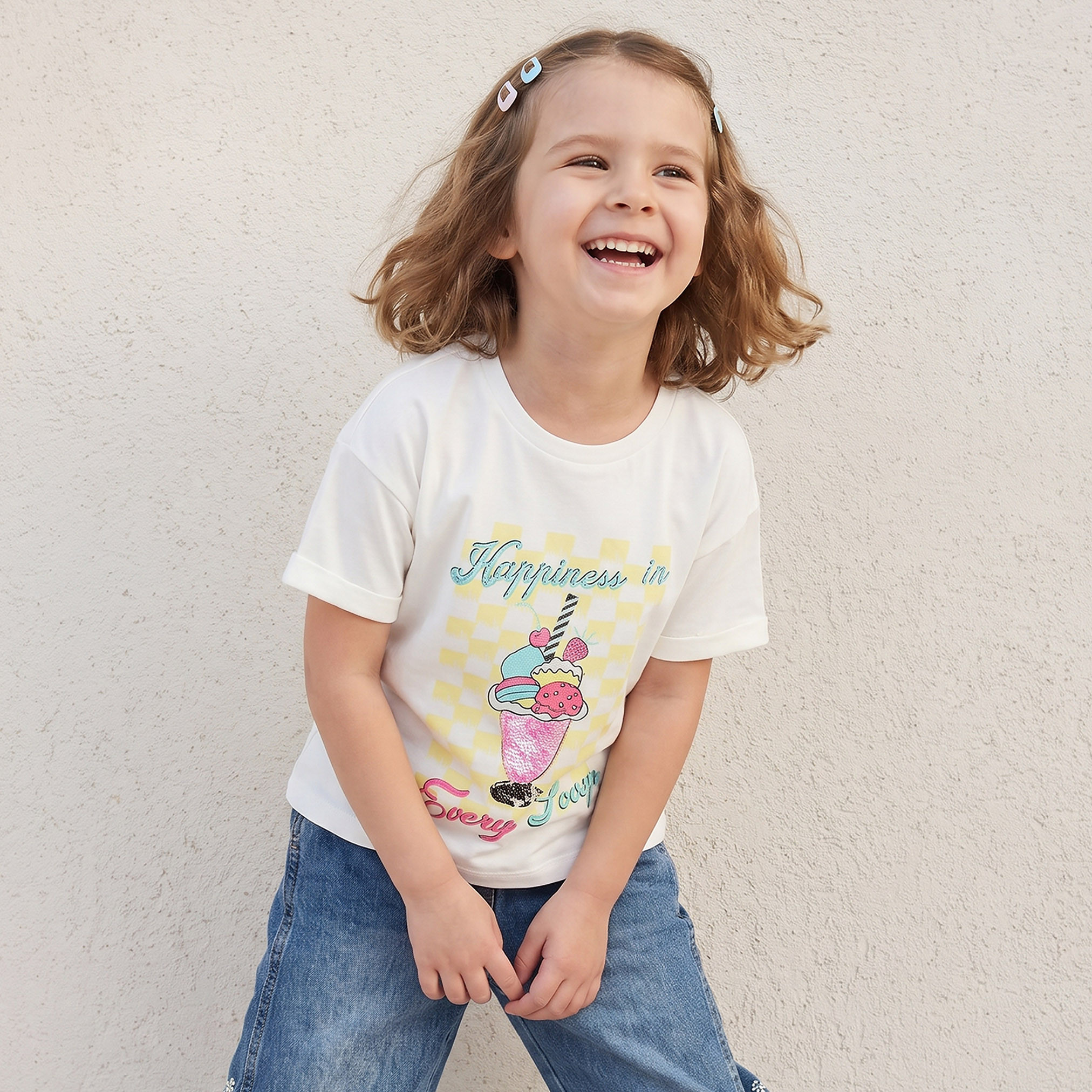 Juniors Crew Neck Short Sleeves T-shirt with Ice Cream Print-girls-clothing-tshirts-image-1