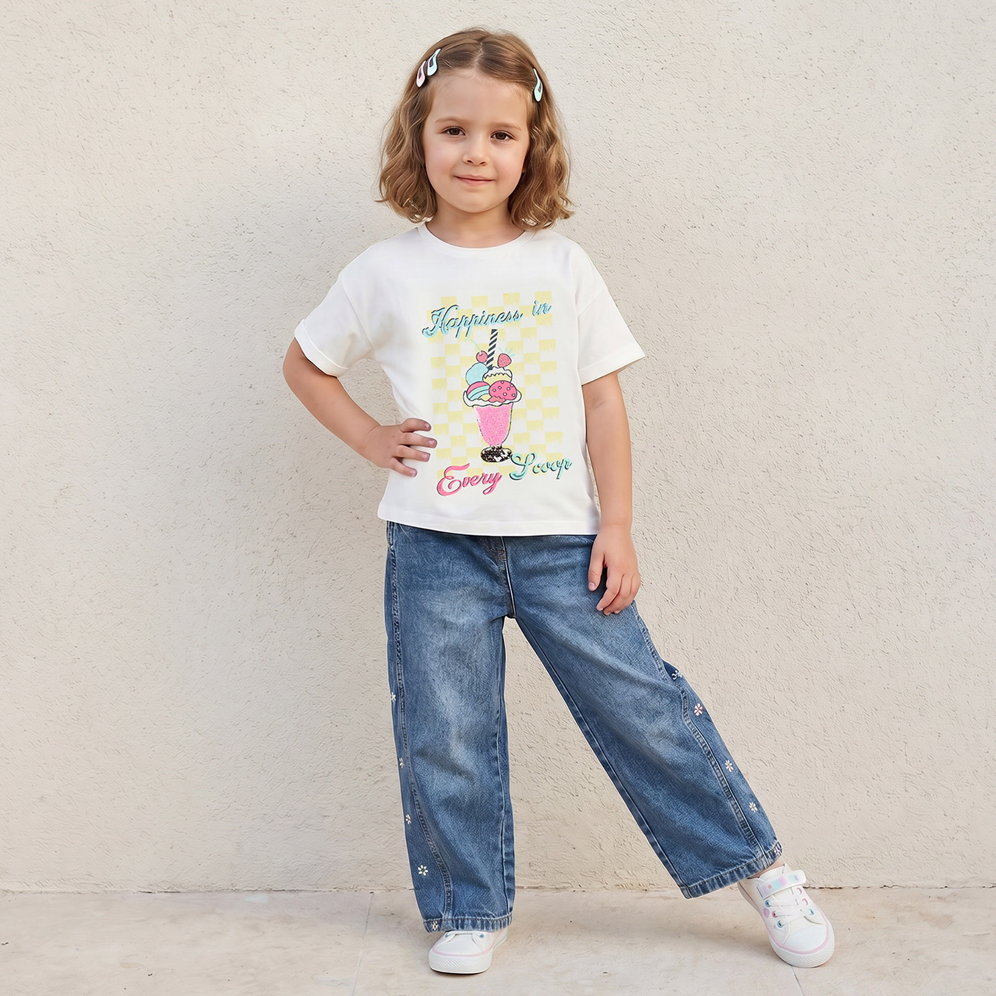Juniors Crew Neck Short Sleeves T-shirt with Ice Cream Print-girls-clothing-tshirts-image-2