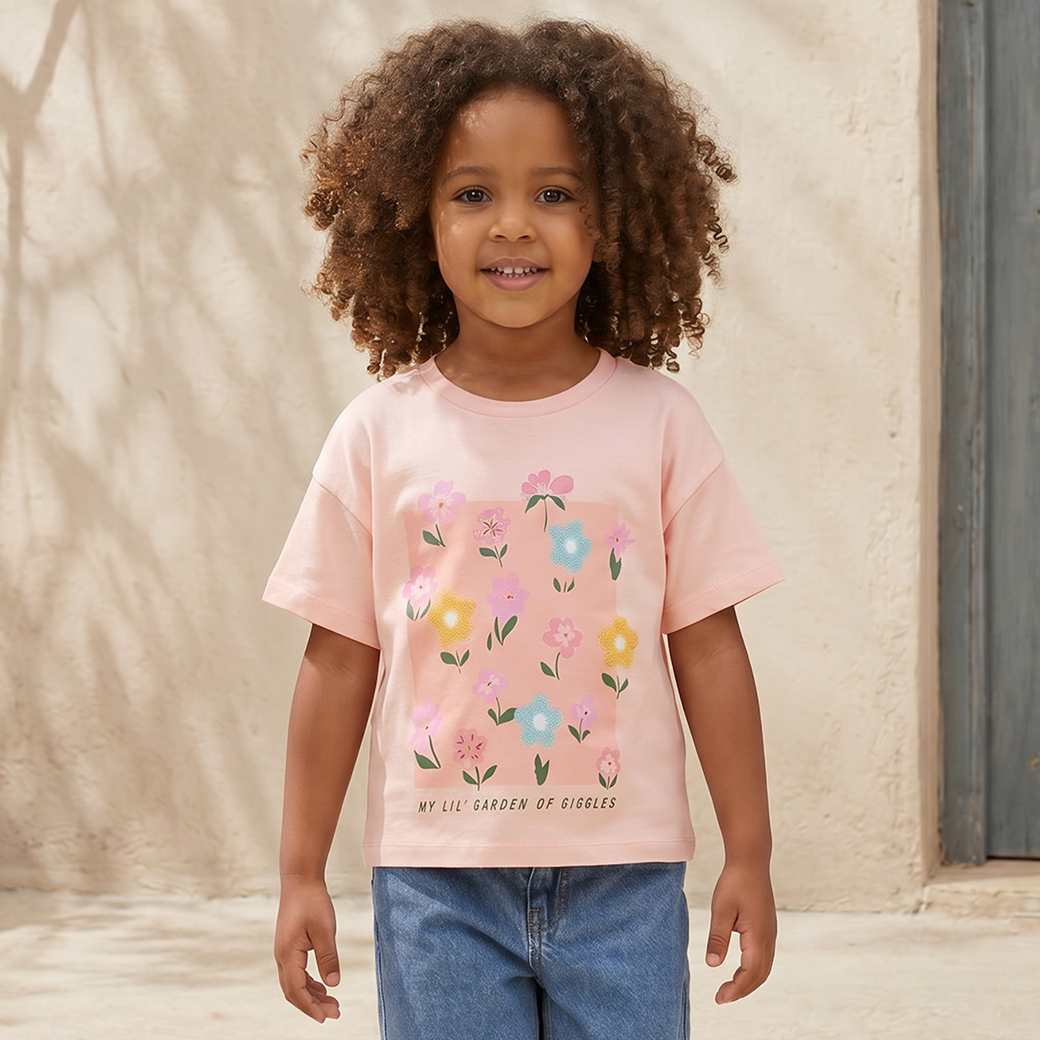 Juniors Crew Neck Short Sleeves T-shirt with Floral Print-girls-clothing-tshirts-image-1