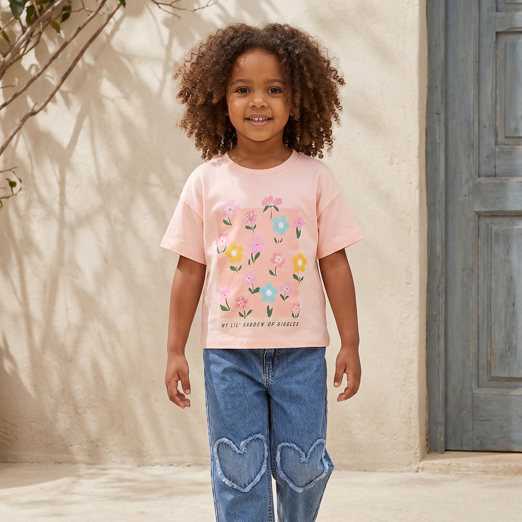 Juniors Crew Neck Short Sleeves T-shirt with Floral Print-girls-clothing-tshirts-image-5