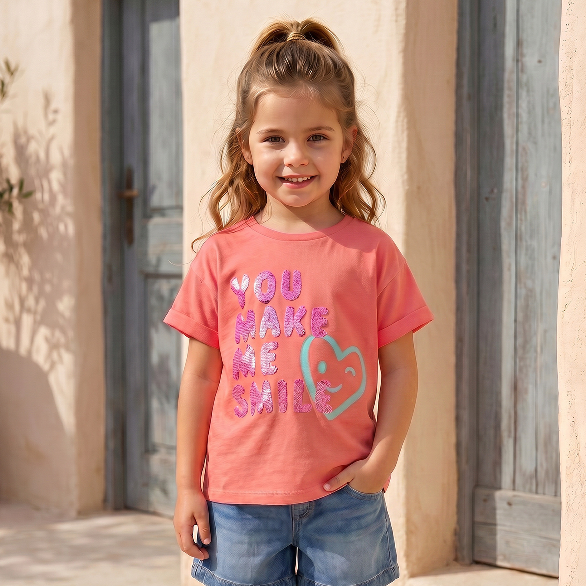 Juniors Crew Neck Short Sleeves T-shirt with Slogan Embellishment-girls-clothing-tshirts-image-1