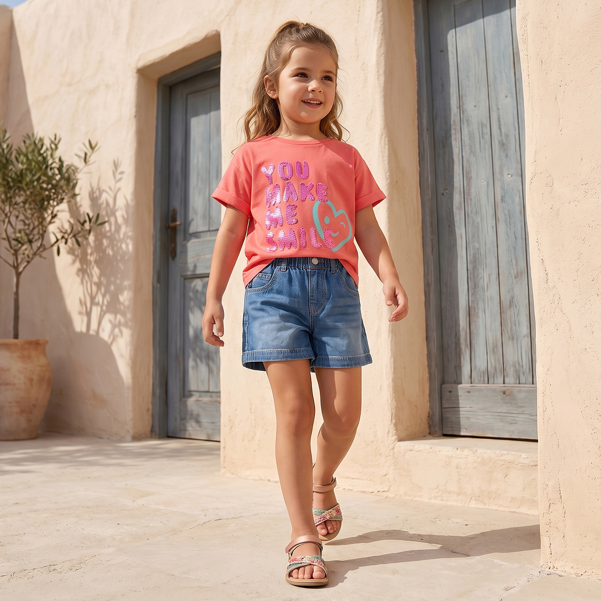 Juniors Crew Neck Short Sleeves T-shirt with Slogan Embellishment-girls-clothing-tshirts-image-2