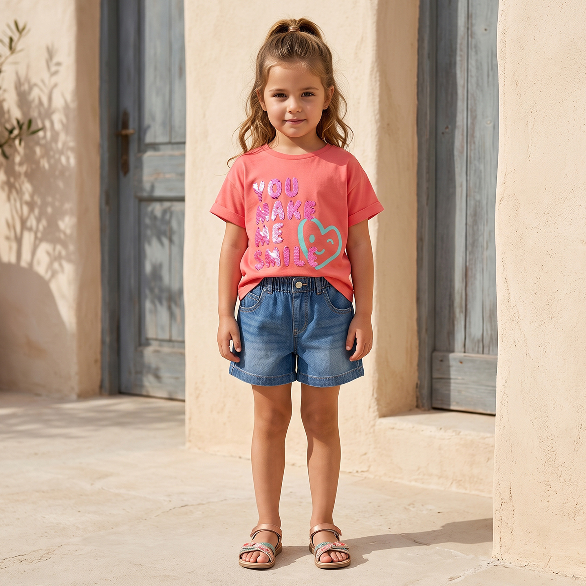 Juniors Crew Neck Short Sleeves T-shirt with Slogan Embellishment-girls-clothing-tshirts-image-5