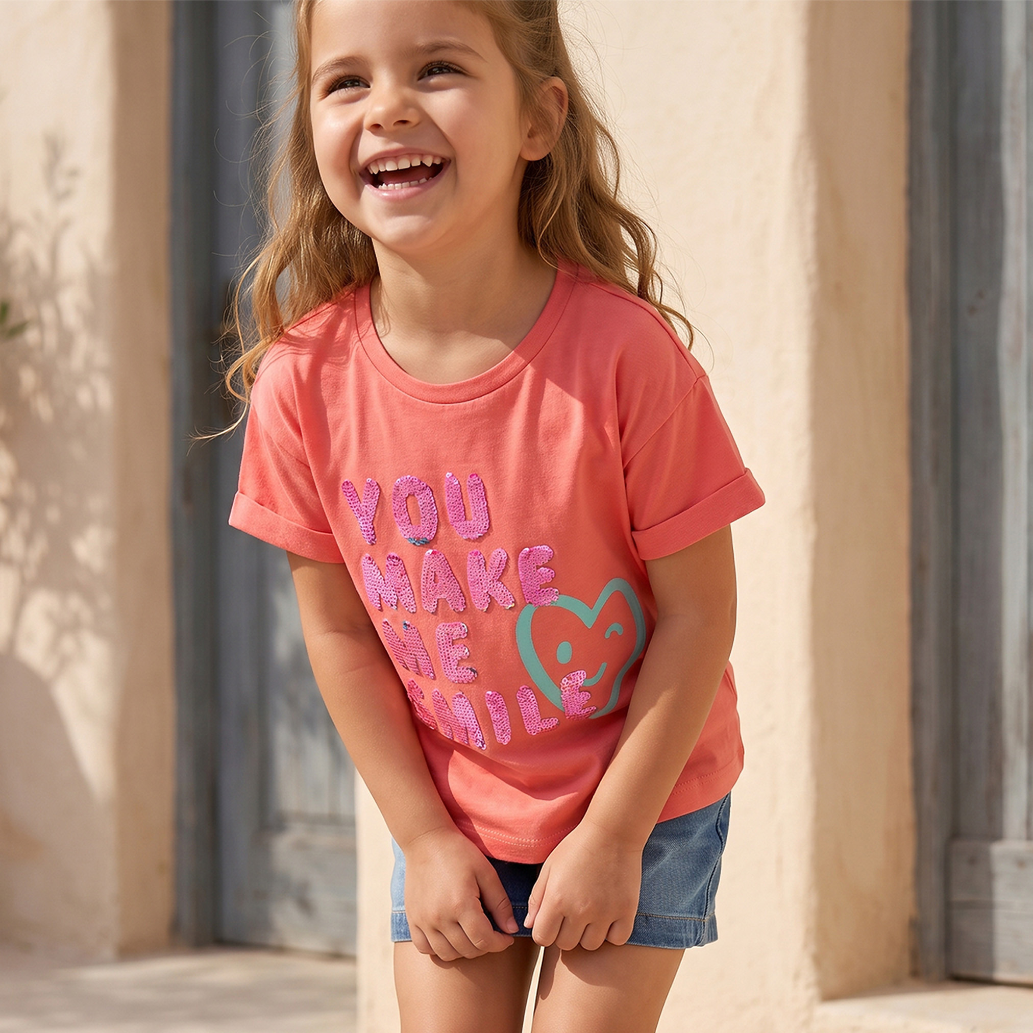 Juniors Crew Neck Short Sleeves T-shirt with Slogan Embellishment-girls-clothing-tshirts-image-6