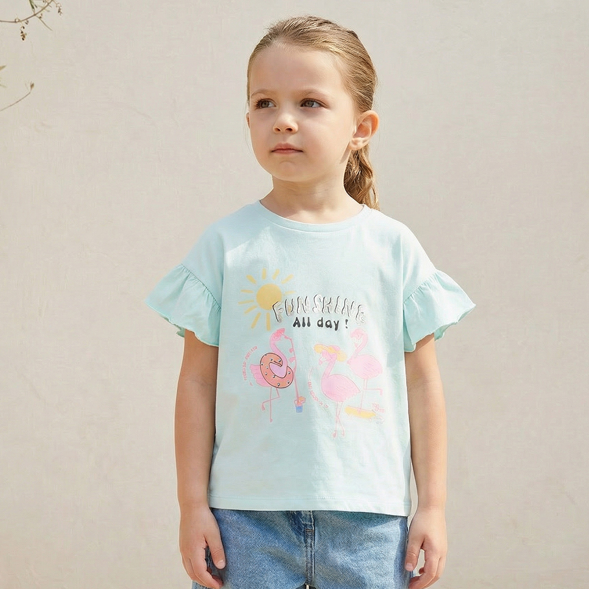 Juniors Round Neck Short Sleeves T-shirt with Flamingo Print-girls-clothing-tshirts-image-1