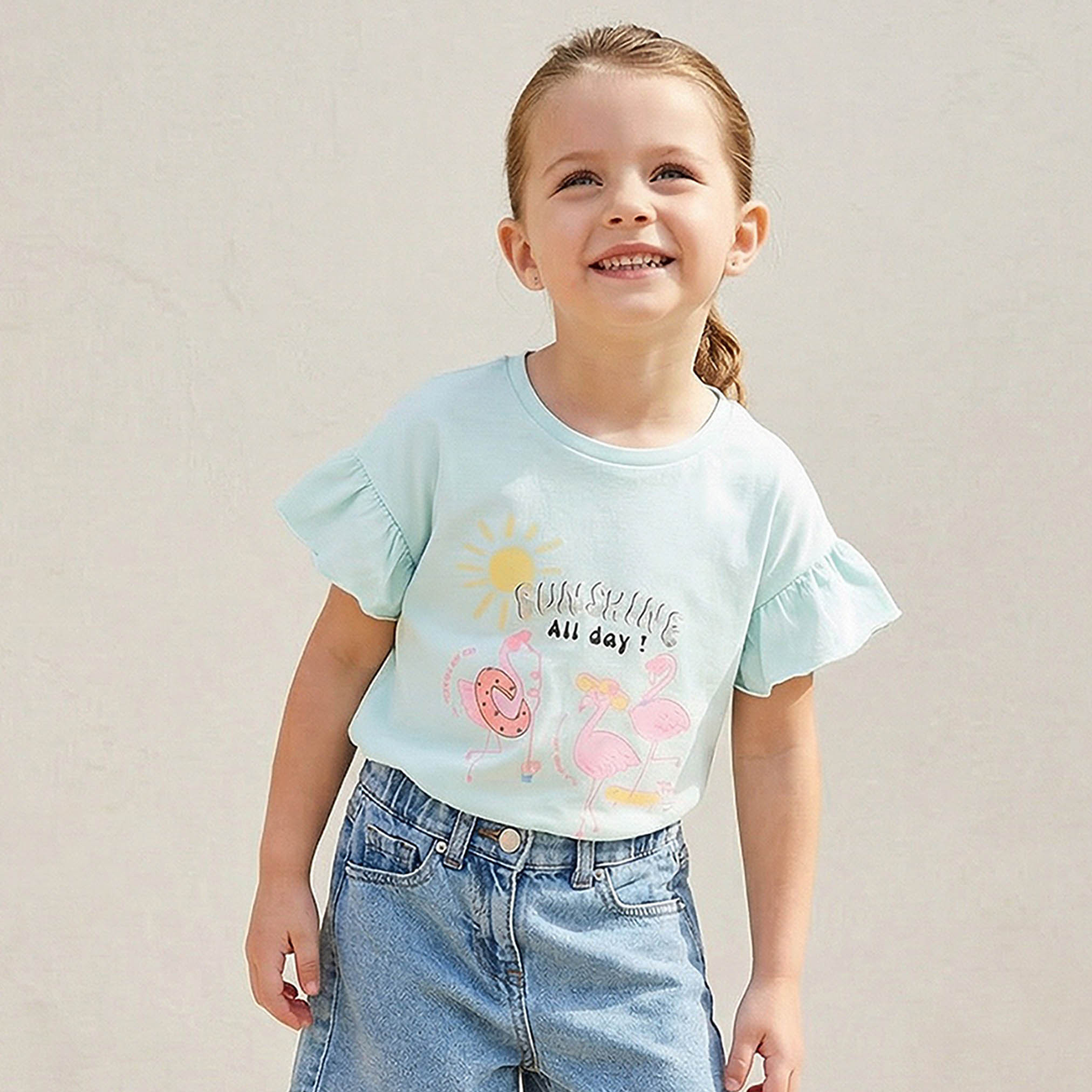 Juniors Round Neck Short Sleeves T-shirt with Flamingo Print-girls-clothing-tshirts-image-1