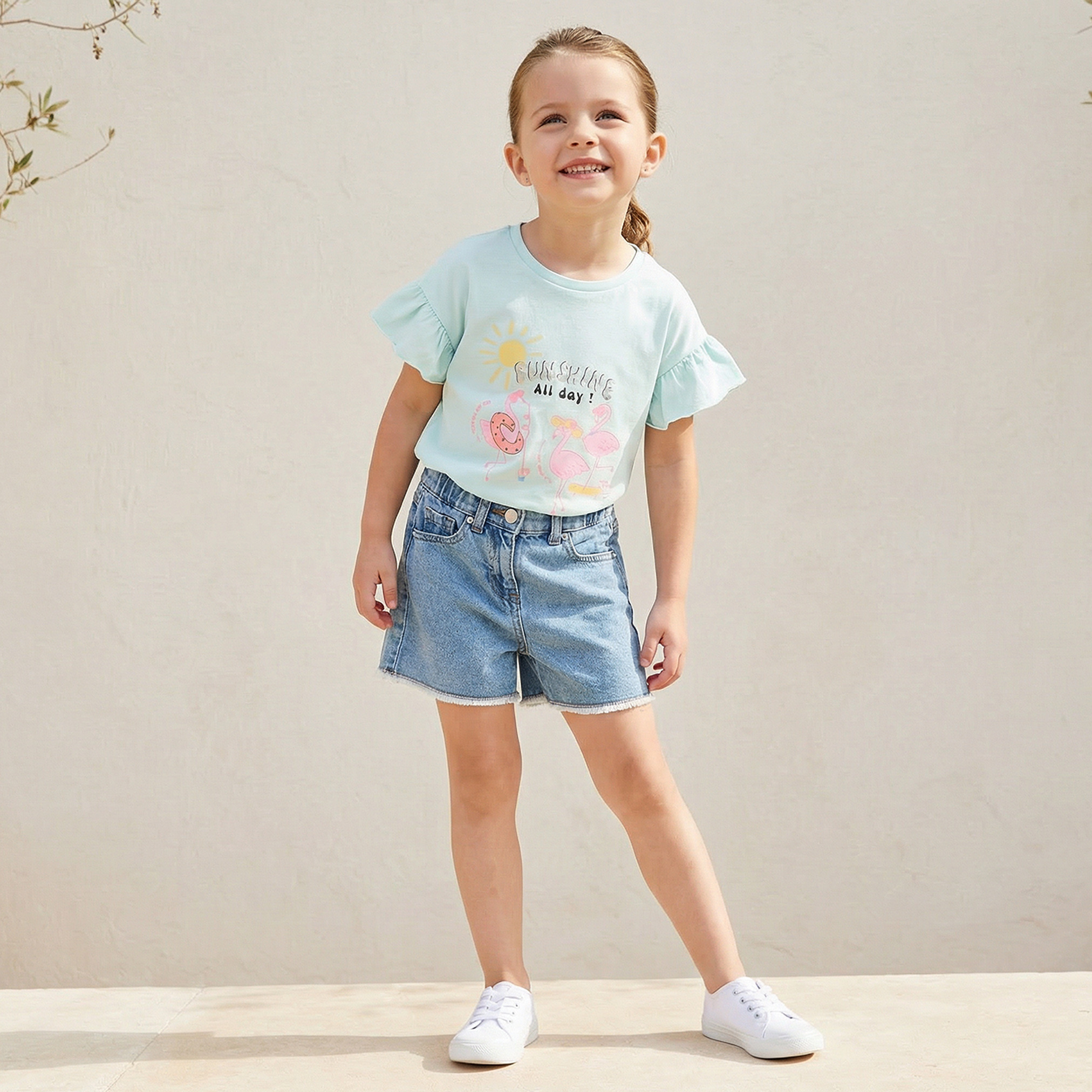 Juniors Round Neck Short Sleeves T-shirt with Flamingo Print-girls-clothing-tshirts-image-2