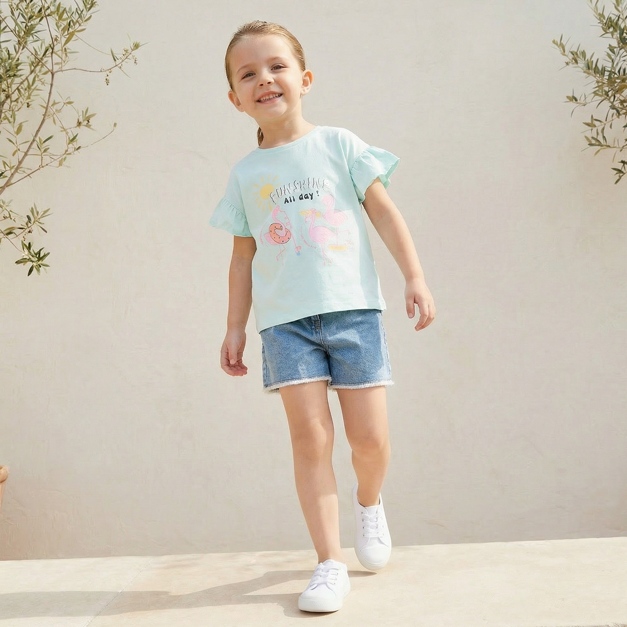 Juniors Round Neck Short Sleeves T-shirt with Flamingo Print-girls-clothing-tshirts-image-2