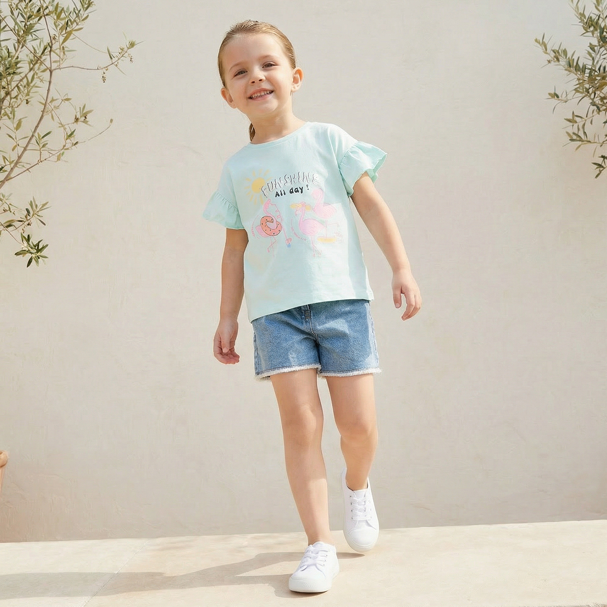 Juniors Round Neck Short Sleeves T-shirt with Flamingo Print-girls-clothing-tshirts-image-5