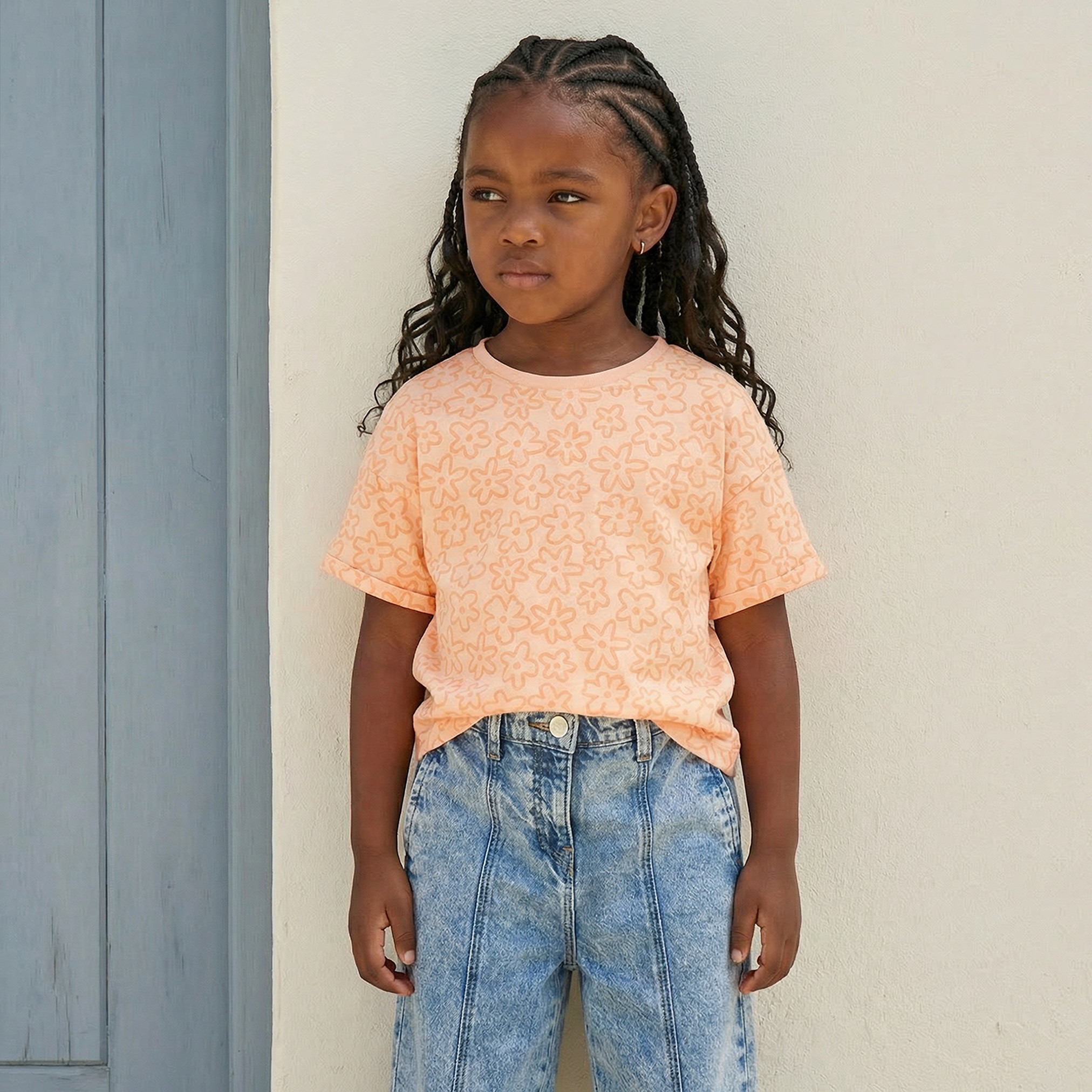 Juniors Round Neck Short Sleeves T-shirt with Floral Print-girls-clothing-tshirts-image-1