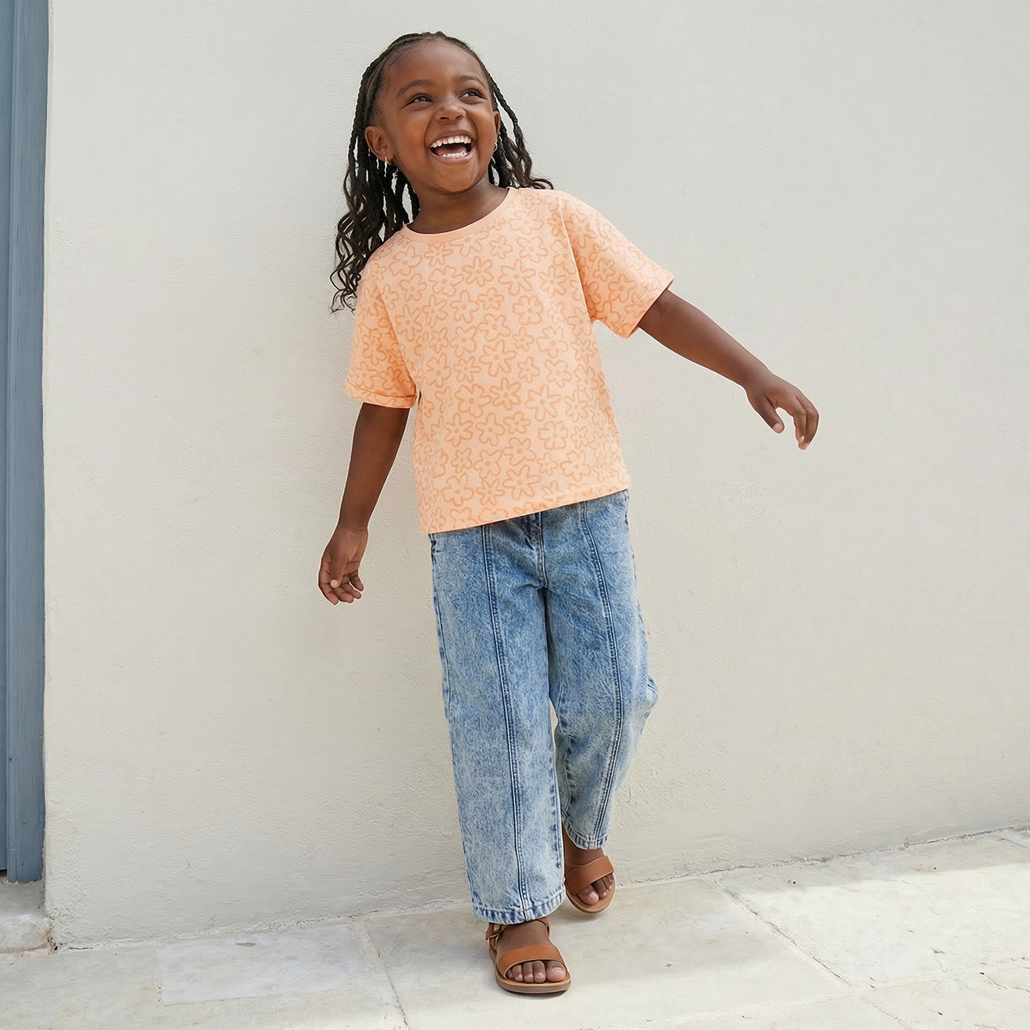Juniors Round Neck Short Sleeves T-shirt with Floral Print-girls-clothing-tshirts-image-4