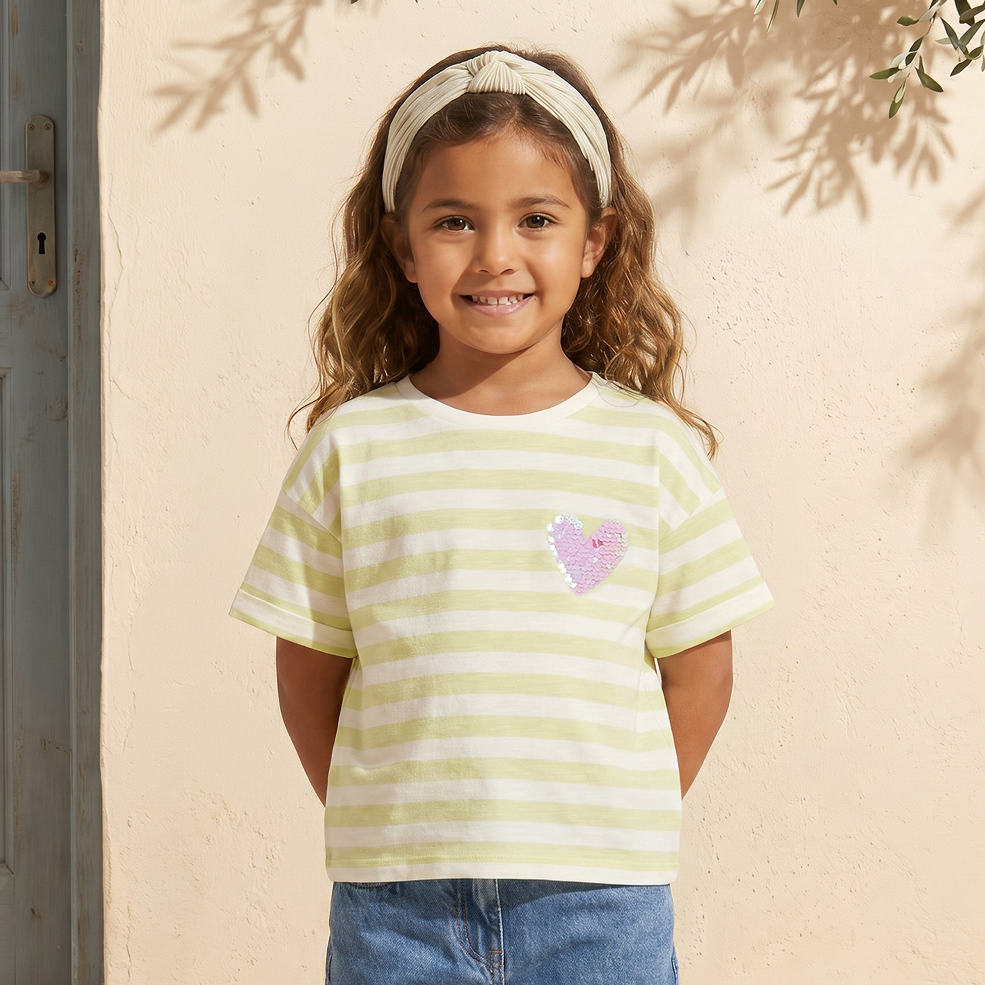 Juniors Crew Neck Short Sleeves T-shirt with Heart Embellishment-girls-clothing-tshirts-image-1