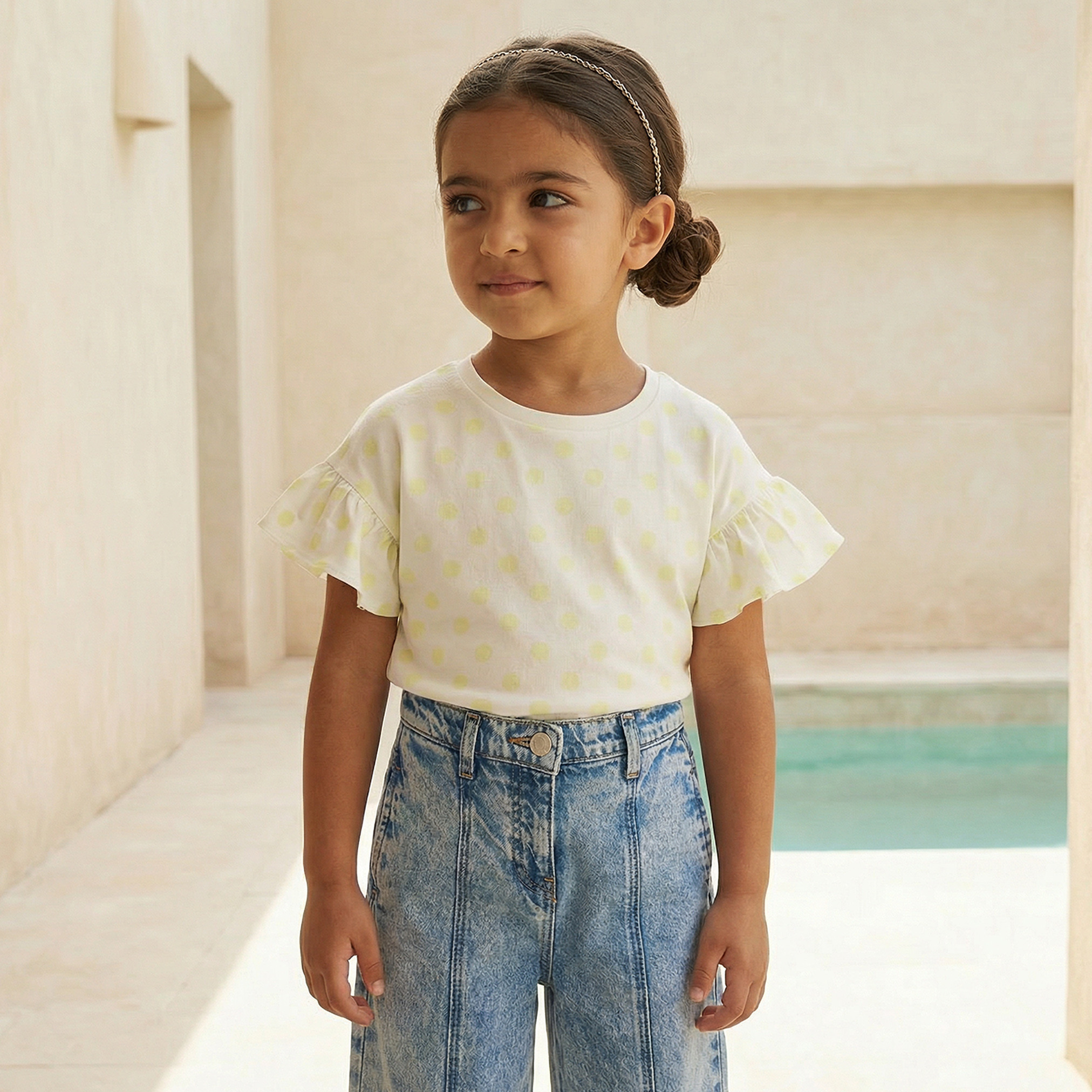 Juniors Round Neck Short Sleeves T-shirt with Polka Dot Print-girls-clothing-tshirts-image-1