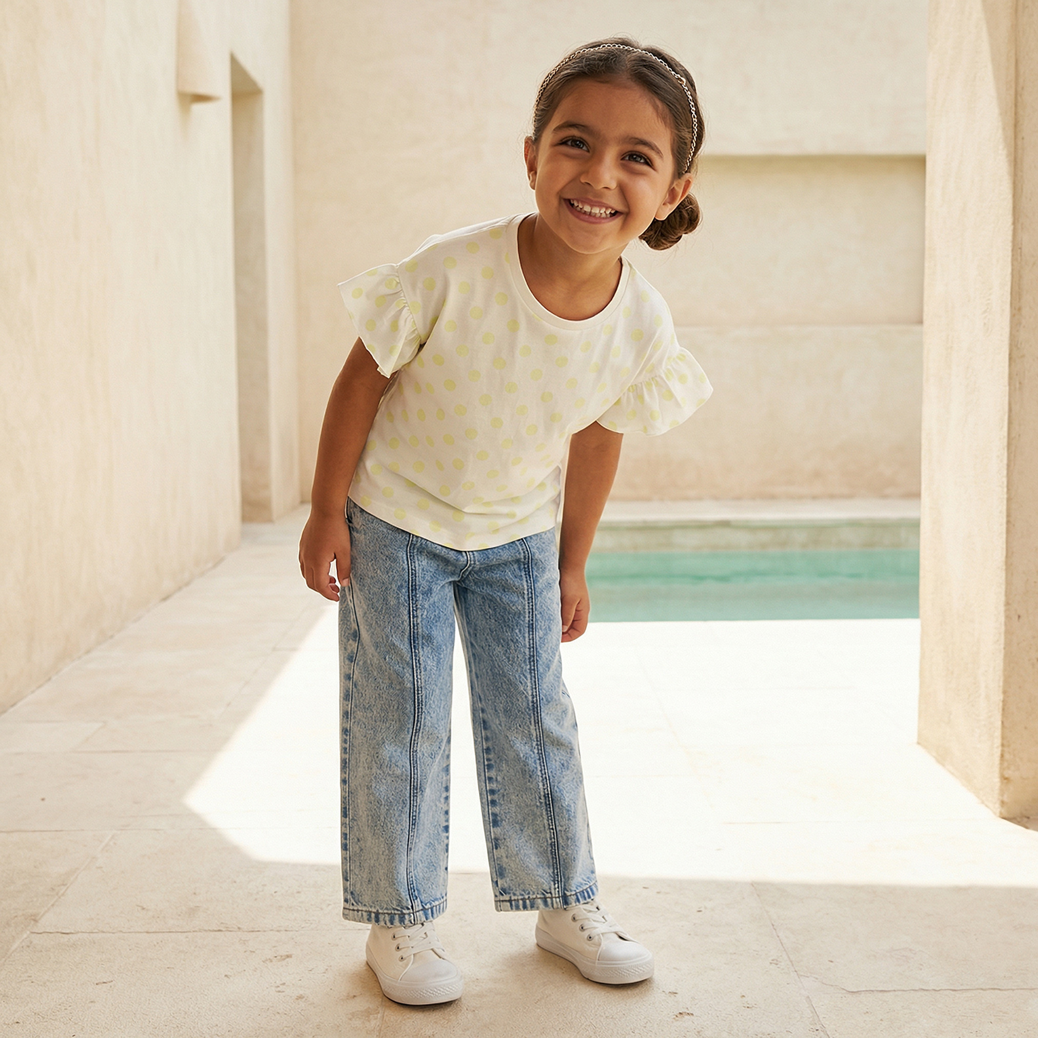 Juniors Round Neck Short Sleeves T-shirt with Polka Dot Print-girls-clothing-tshirts-image-2