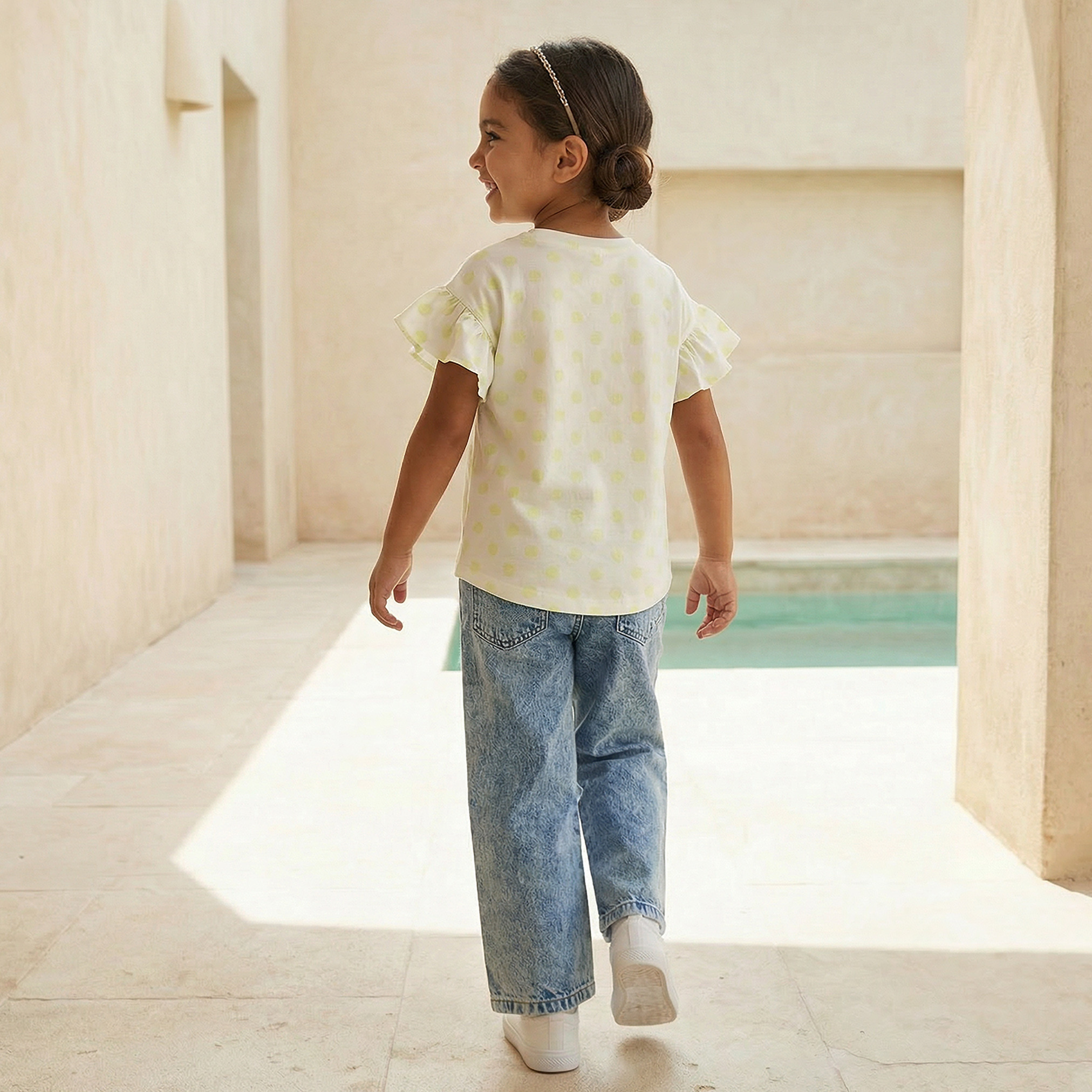 Juniors Round Neck Short Sleeves T-shirt with Polka Dot Print-girls-clothing-tshirts-image-3