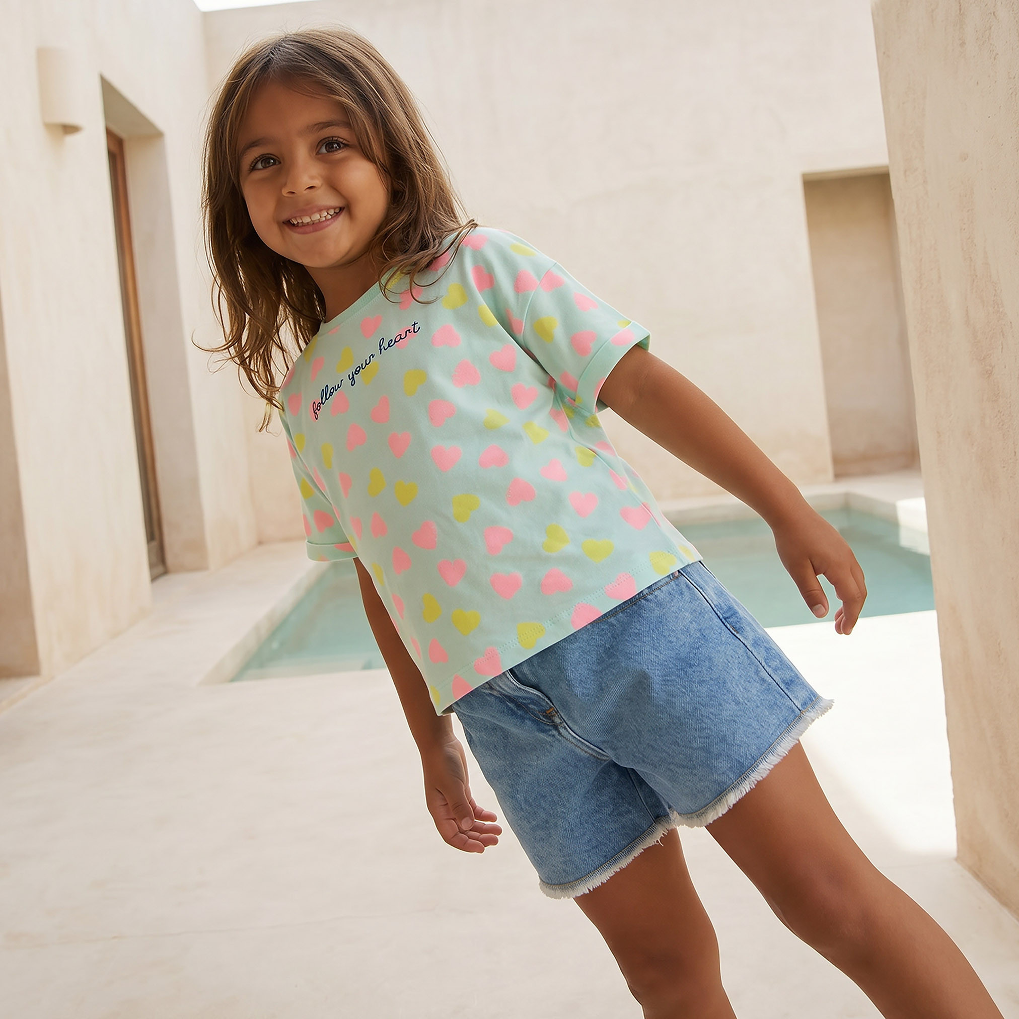 Juniors Crew Neck Short Sleeves T-shirt with Heart Print-girls-clothing-tshirts-image-1