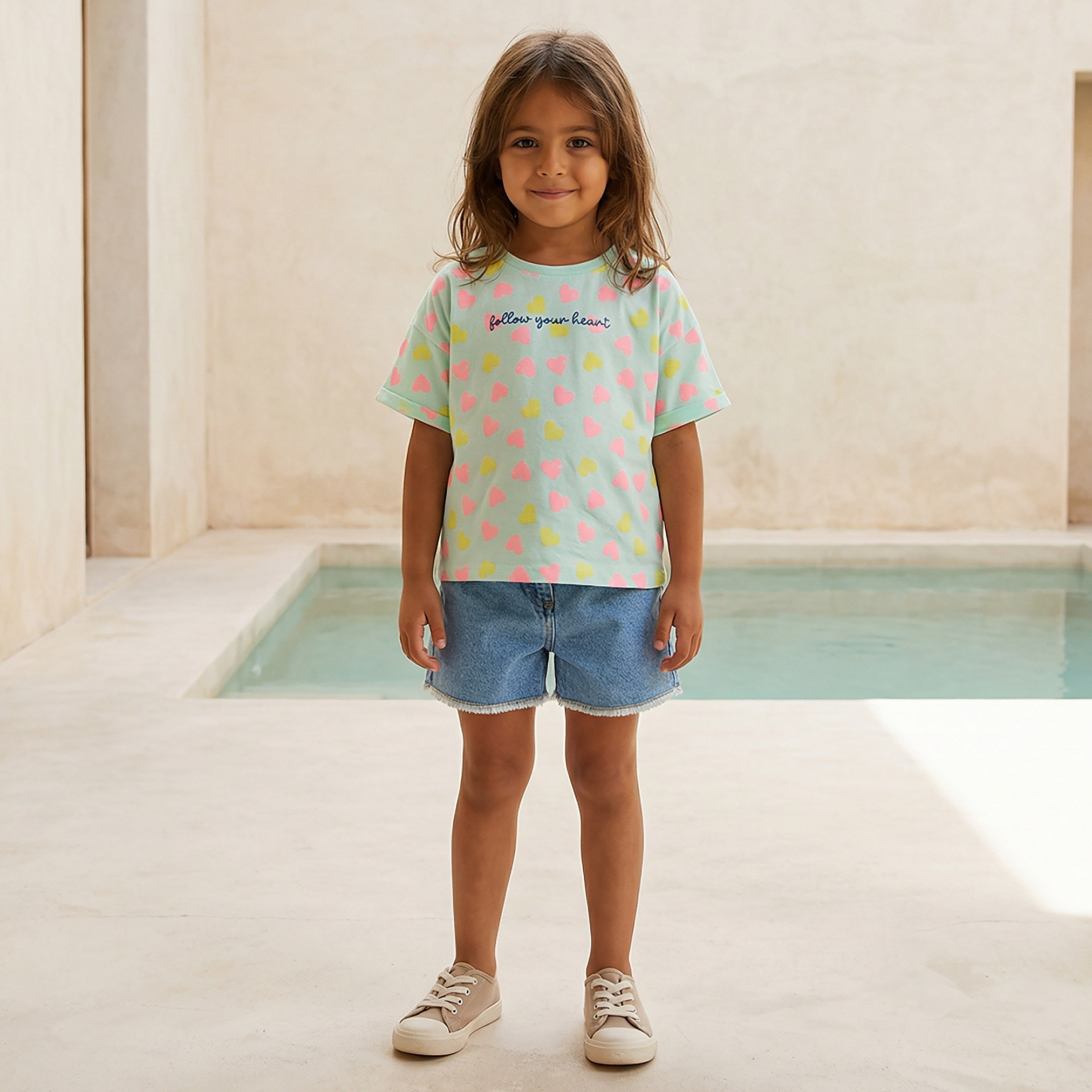 Juniors Crew Neck Short Sleeves T-shirt with Heart Print-girls-clothing-tshirts-image-2