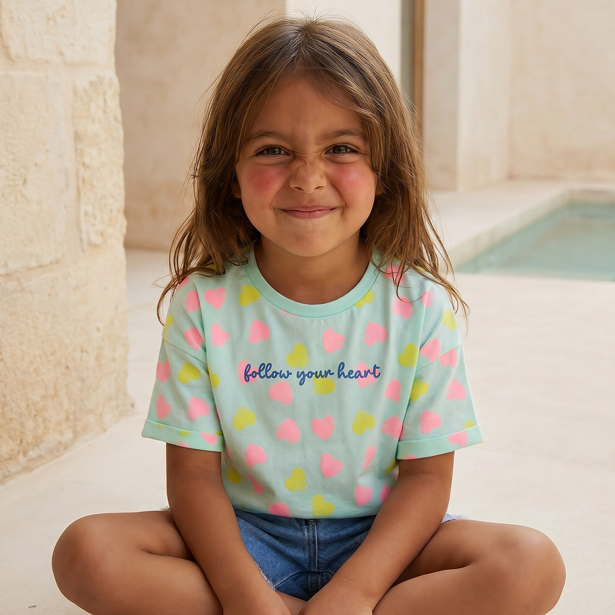 Juniors Crew Neck Short Sleeves T-shirt with Heart Print-girls-clothing-tshirts-image-5