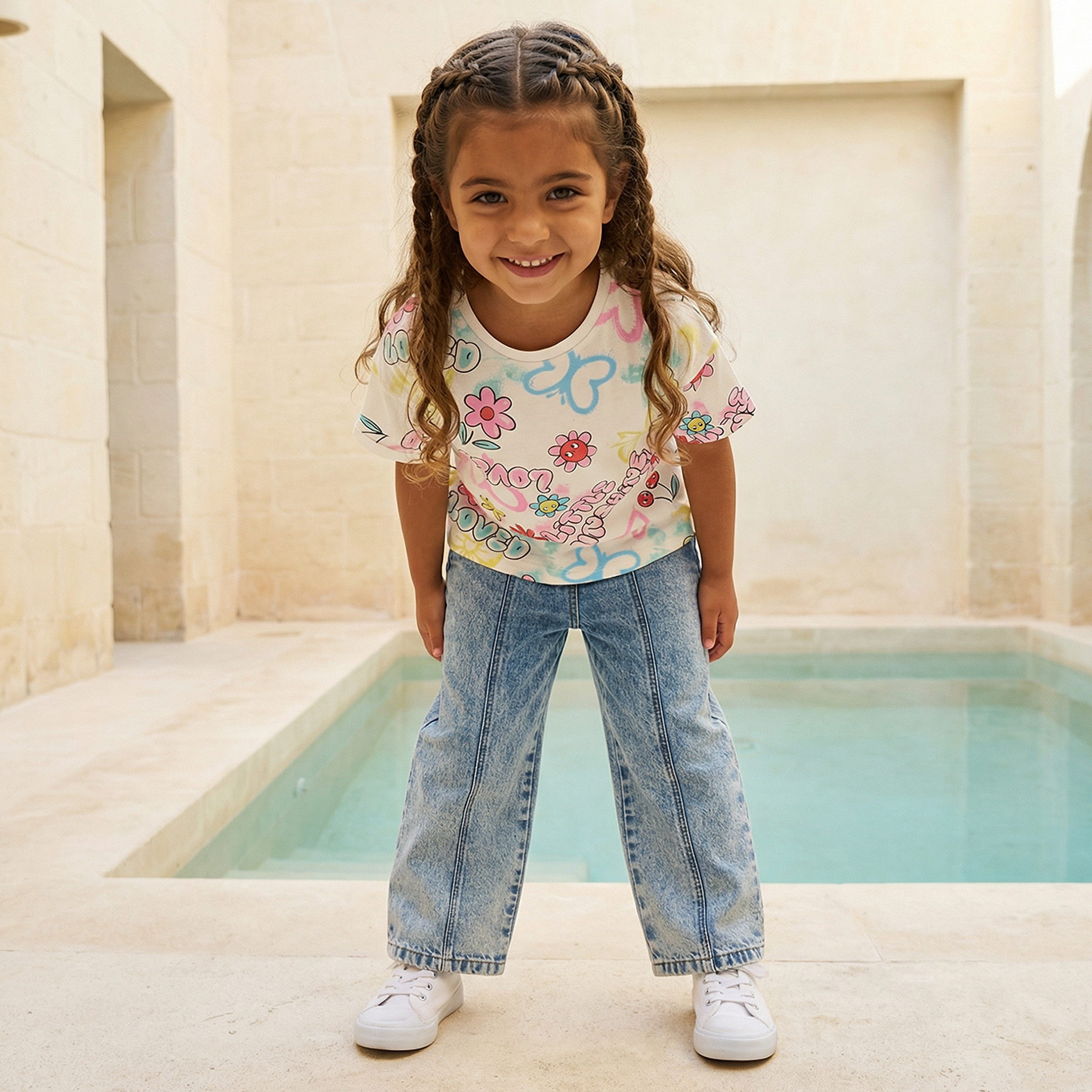 تيشيرت برقبة مستديرة وأكمام قصيرة وطبعات جرافيتي من جونيورز-girls-clothing-tshirts-image-2