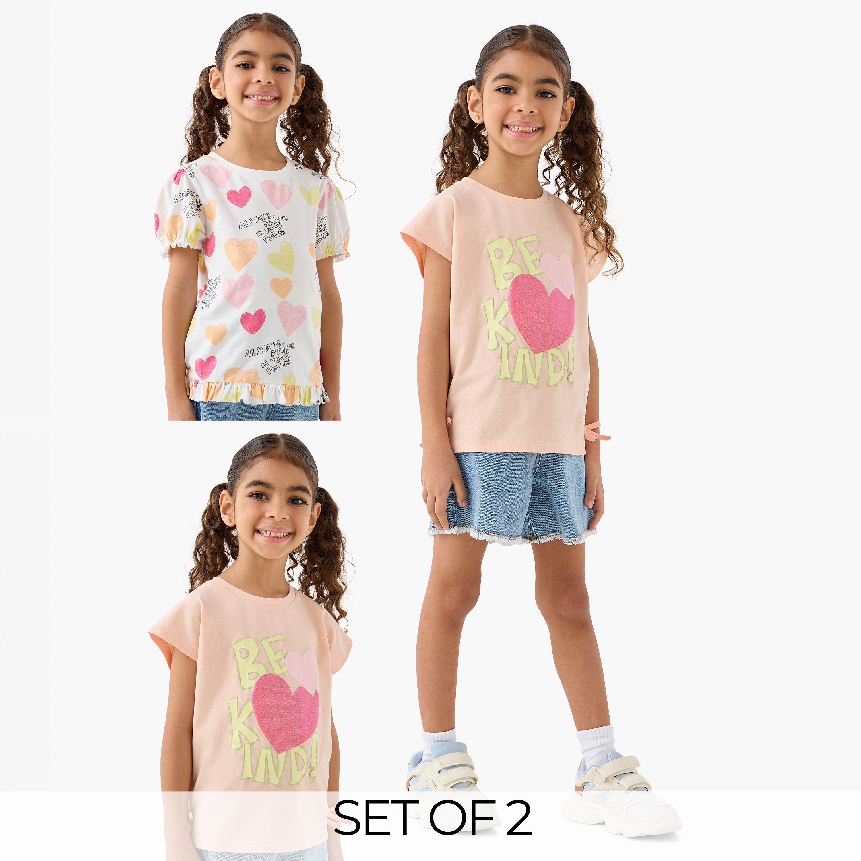 Pack of 2 Juniors Round Neck Short Sleeves T-shirt with Heart Print-girls-clothing-tshirts-image-1