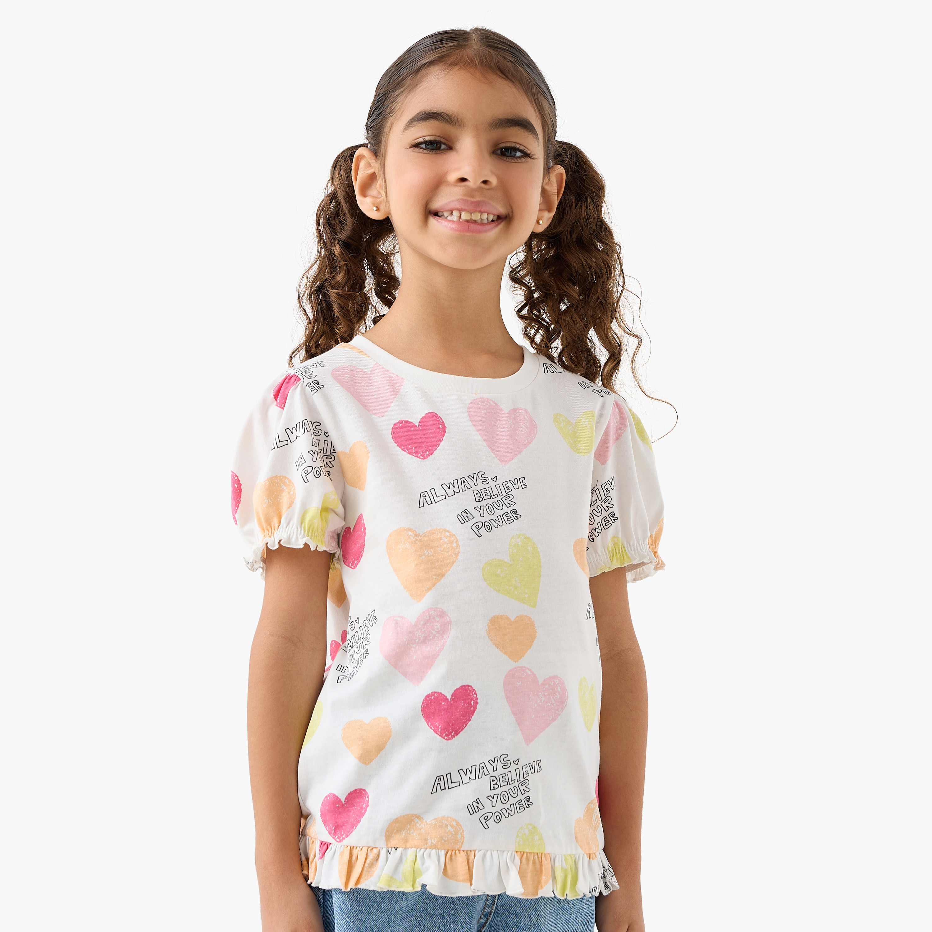 Pack of 2 Juniors Round Neck Short Sleeves T-shirt with Heart Print-girls-clothing-tshirts-image-2