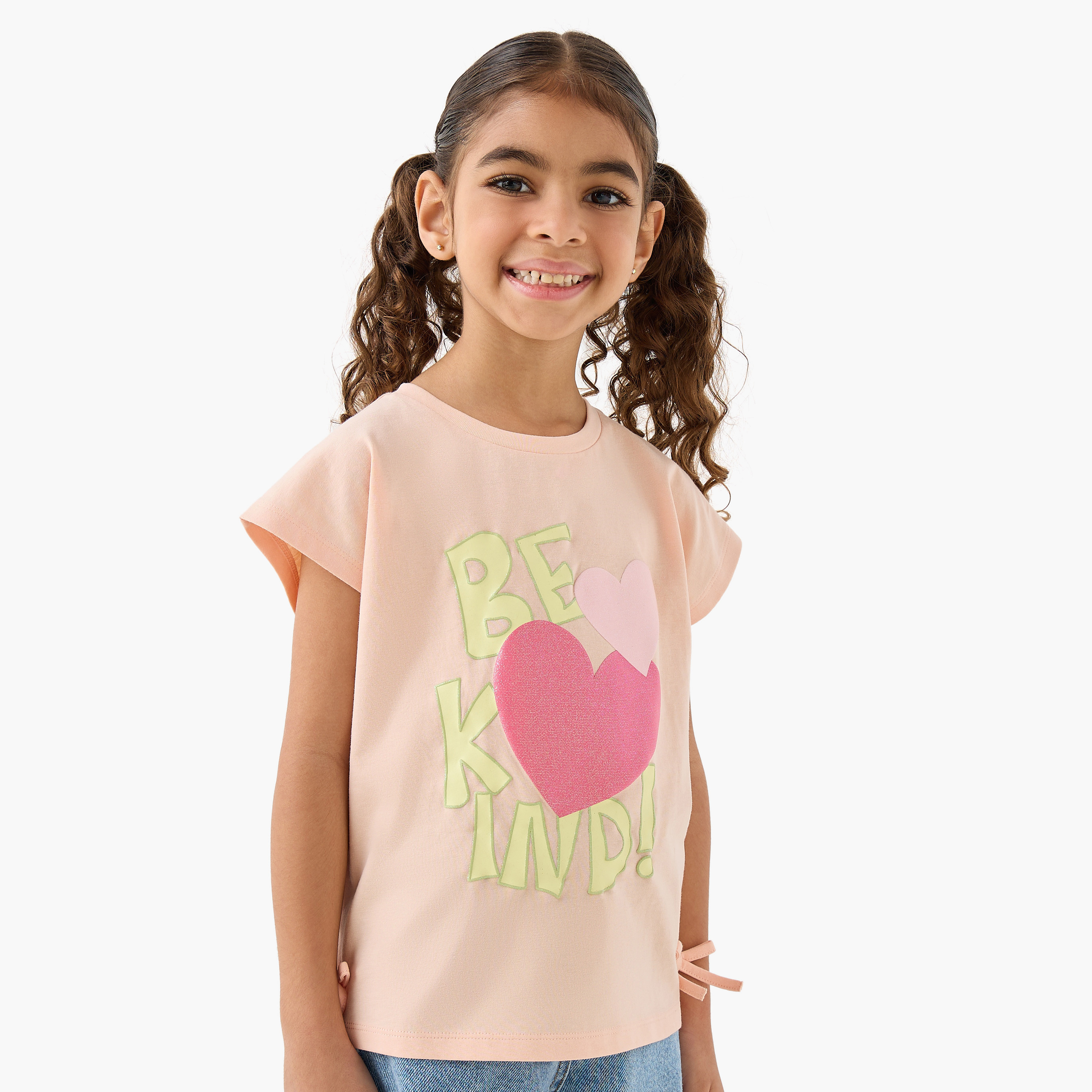 Pack of 2 Juniors Round Neck Short Sleeves T-shirt with Heart Print-girls-clothing-tshirts-image-3