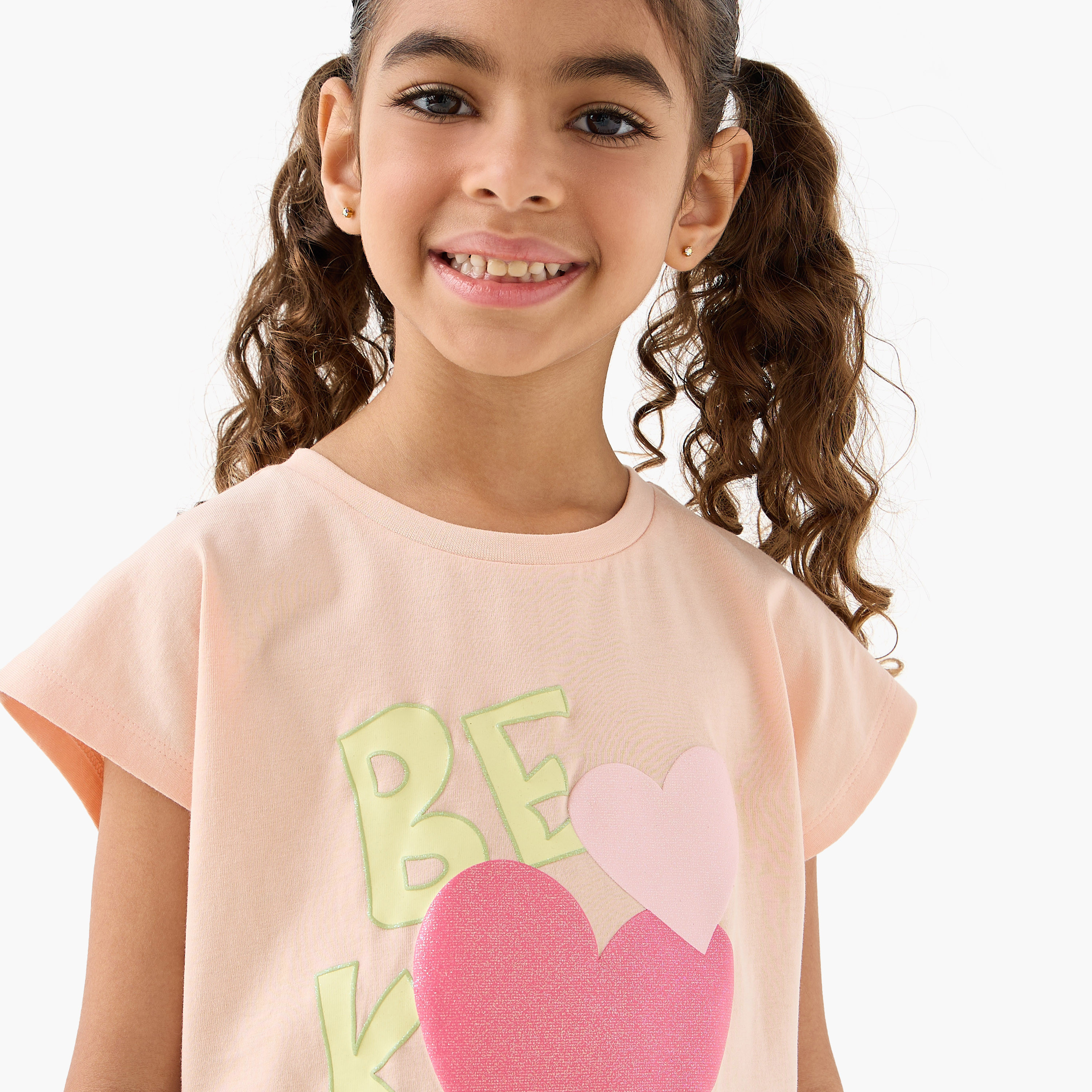 Pack of 2 Juniors Round Neck Short Sleeves T-shirt with Heart Print-girls-clothing-tshirts-image-5