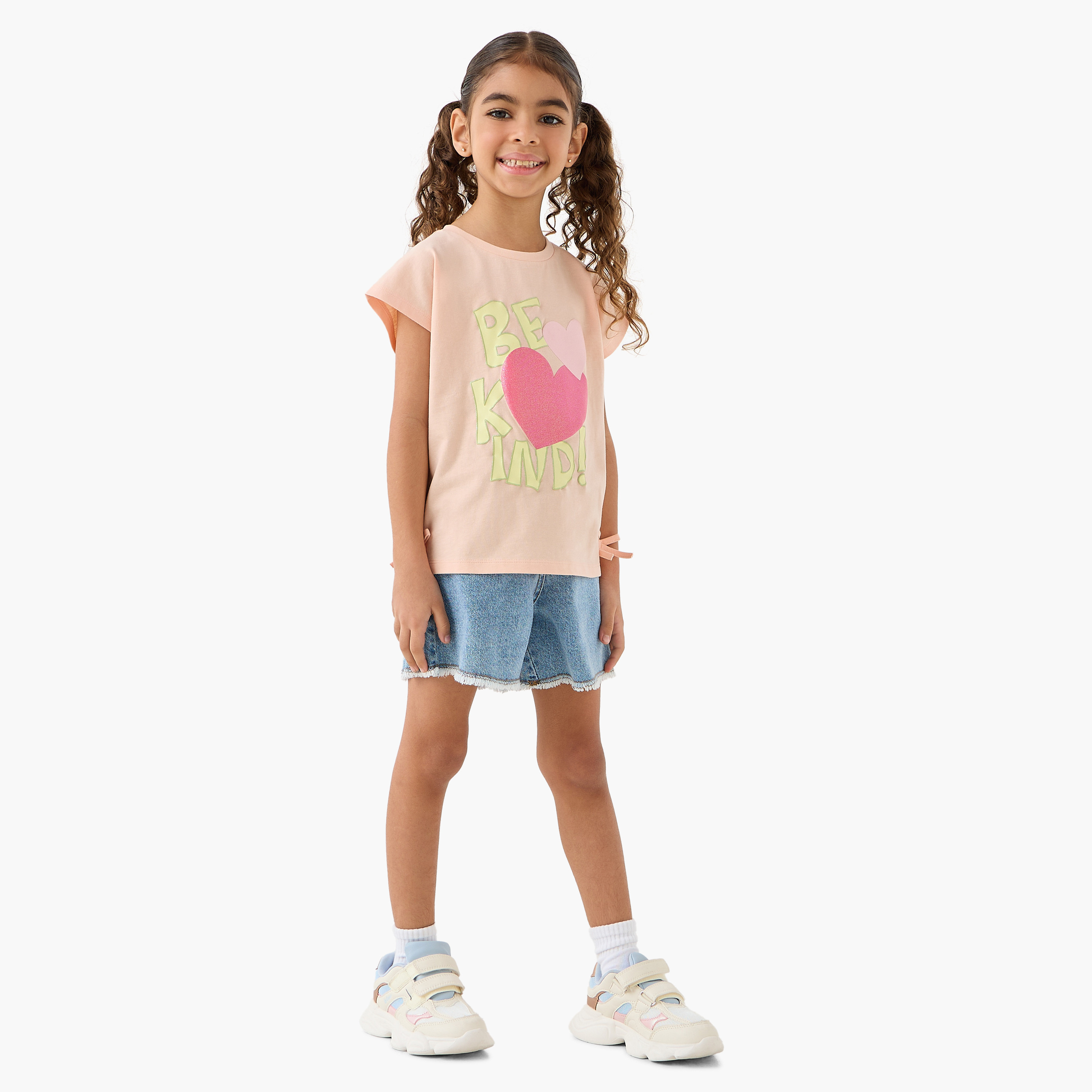 Pack of 2 Juniors Round Neck Short Sleeves T-shirt with Heart Print-girls-clothing-tshirts-image-7